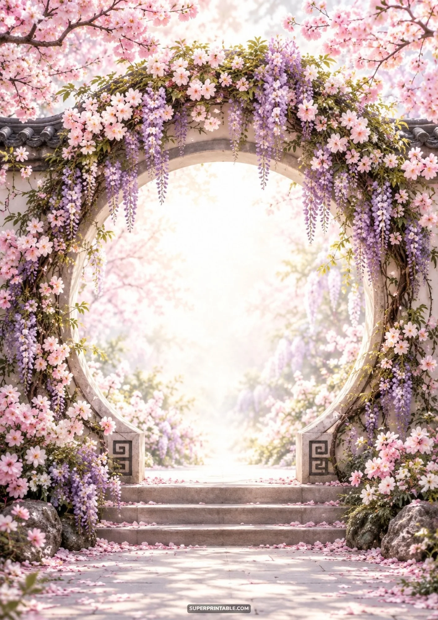 Circular stone moon gate surrounded by blooming pink sakura and wisteria flowers over garden steps