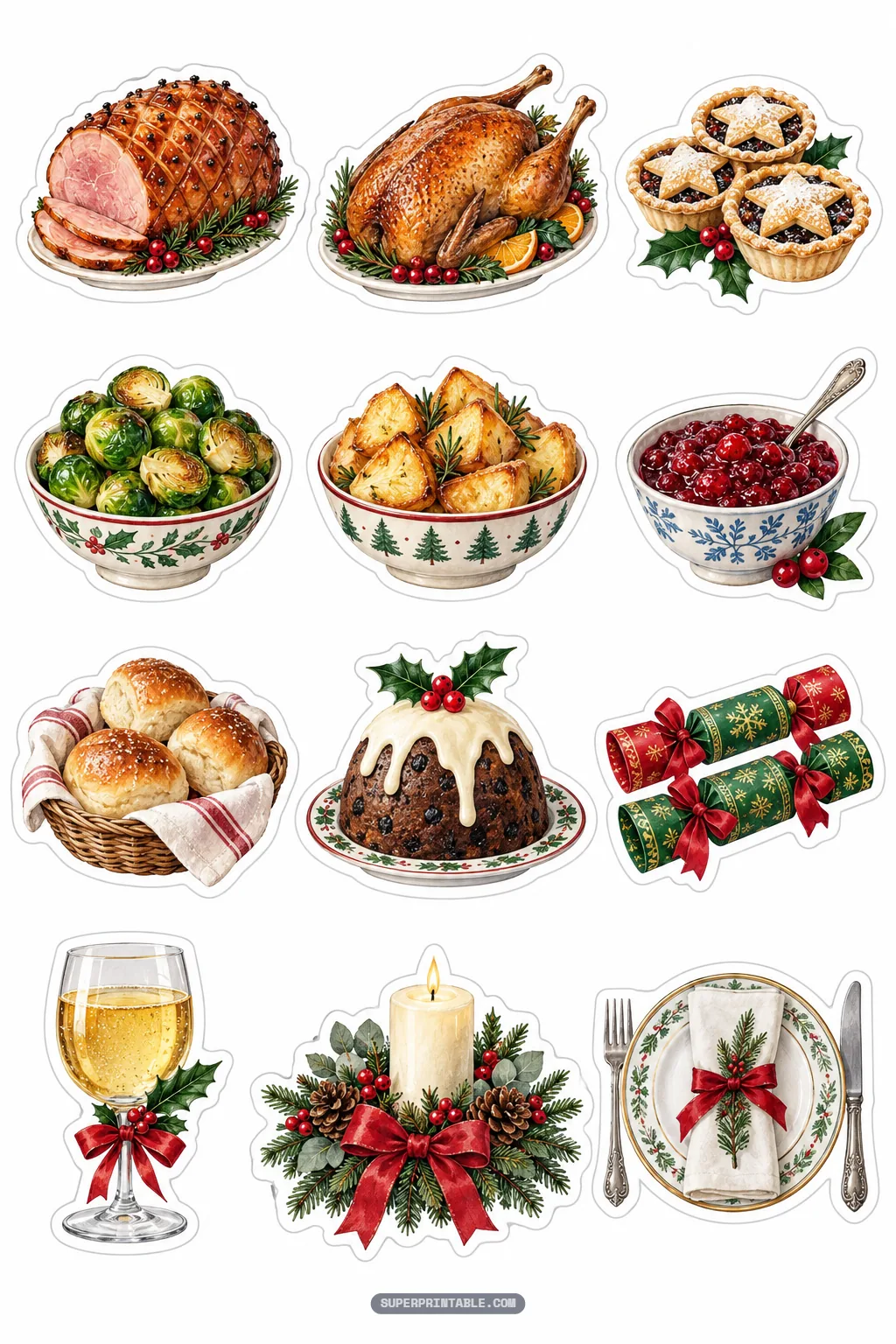 Traditional festive holiday dinner stickers showcasing roast turkey glazed ham and plum pudding