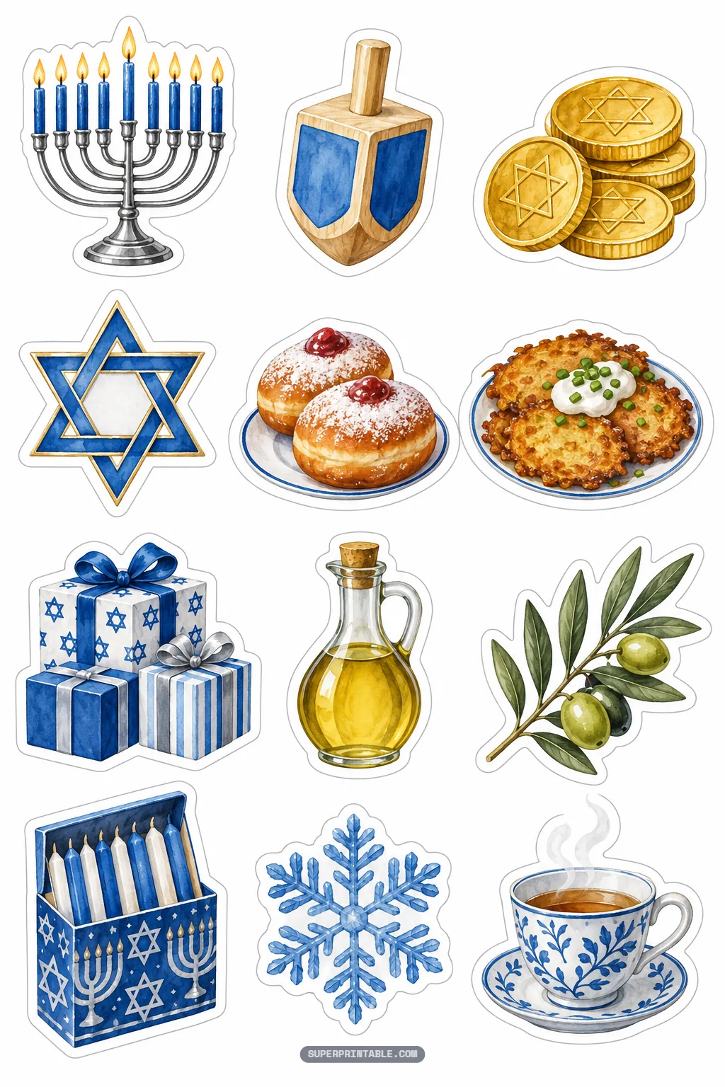 Hanukkah watercolor holiday sticker sheet displaying menorah dreidel latkes and blue gift boxes