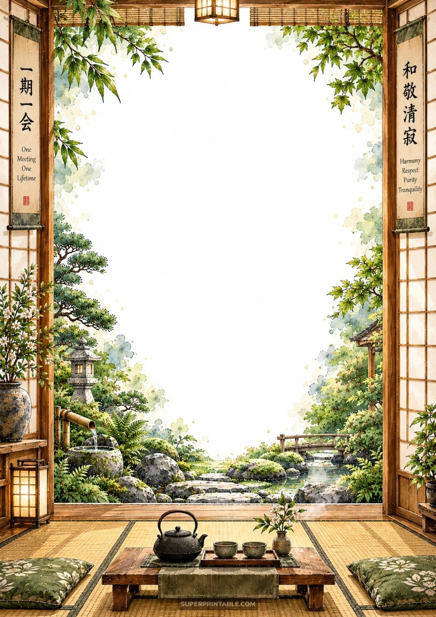 Japanese tea room with tatami mats, tea set, and open shoji screen view of a zen rock garden border.
