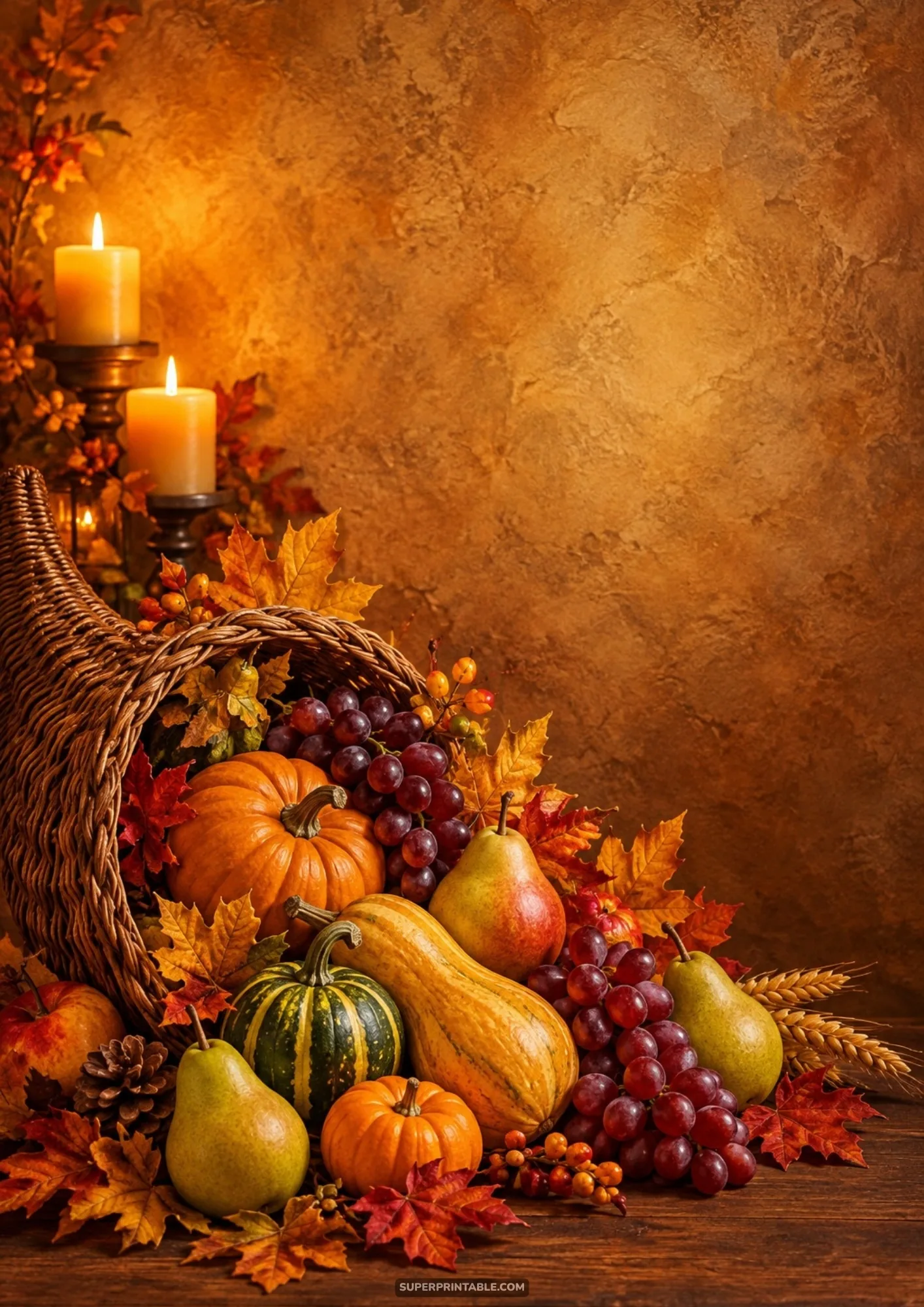 Woven wicker cornucopia overflowing with pumpkins, pears, grapes, and fall leaves beside lit candles