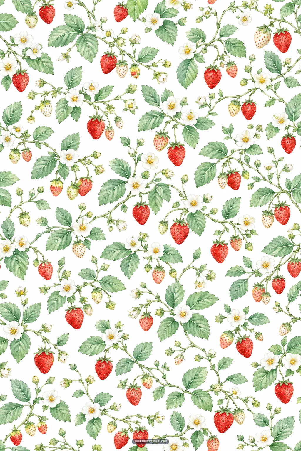 Lush strawberry patch digital paper with creeping vine runners, blossoms, and berries