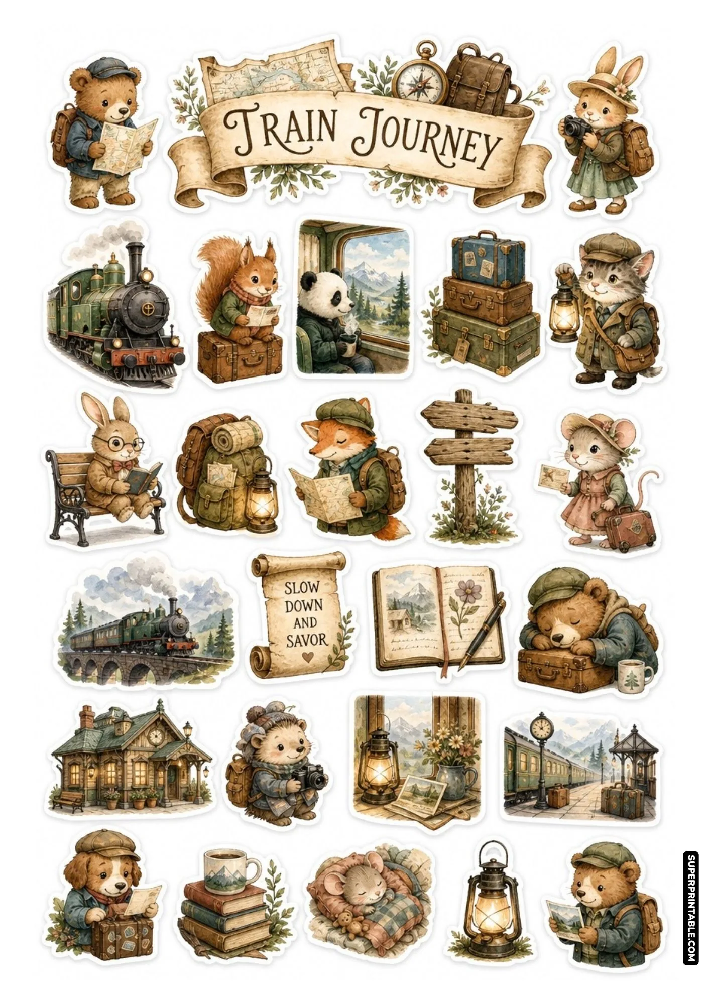 Train journey sticker sheet featuring steam locomotive, railway station, and animal passengers