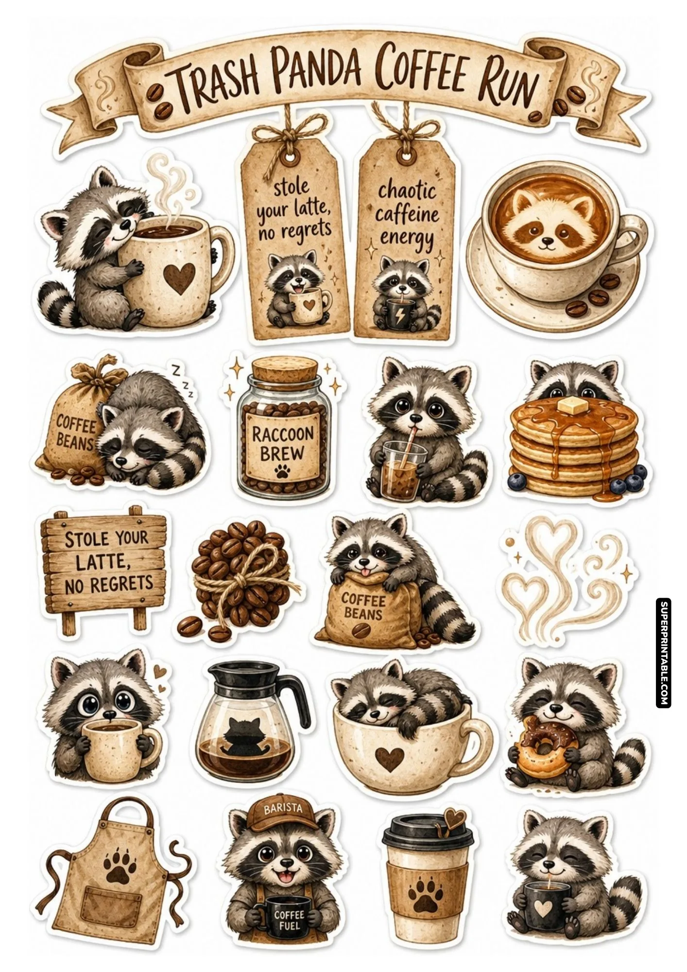 Playful raccoon stickers with warm latte mugs, coffee beans, and delicious breakfast pastries.