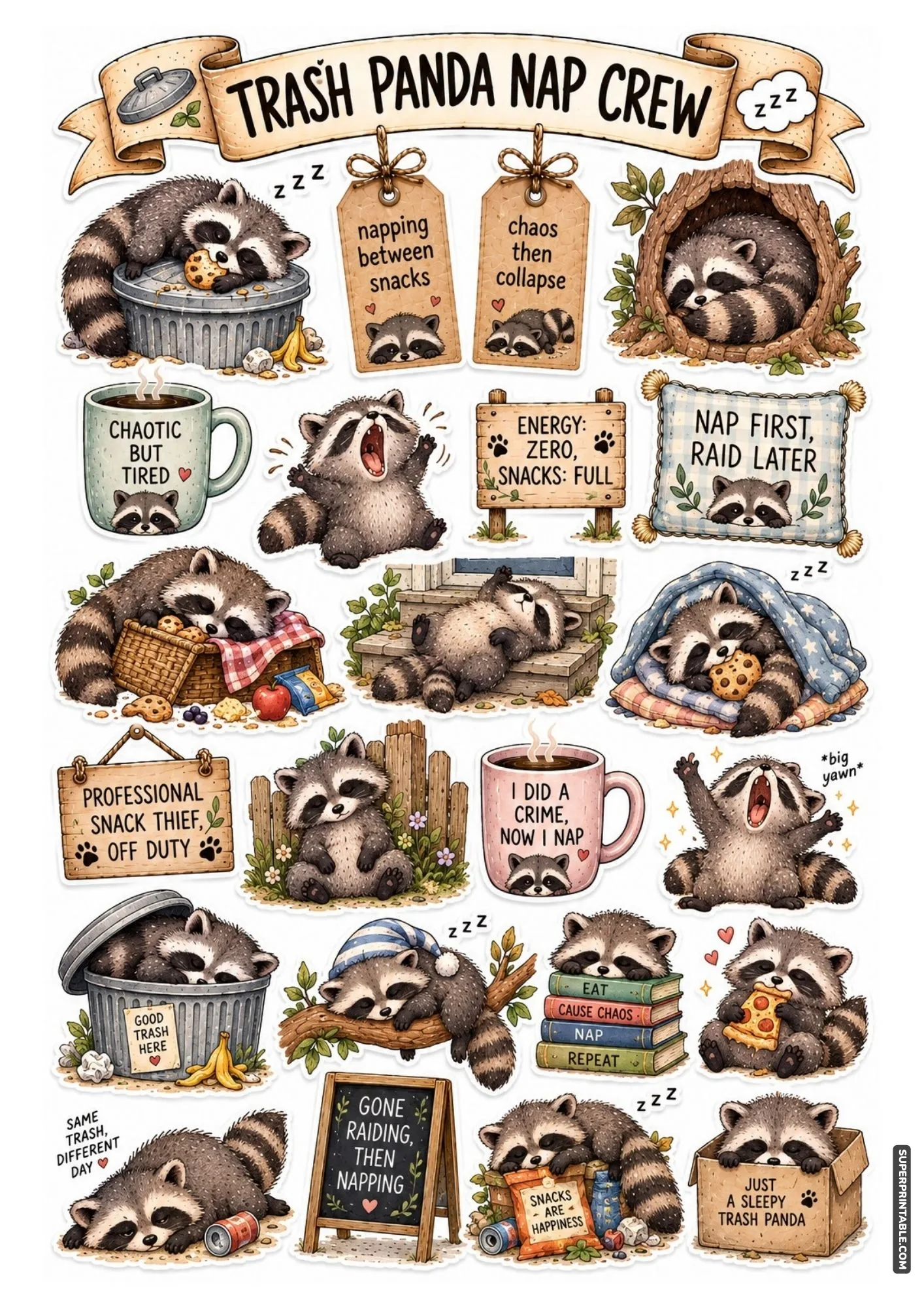 Funny raccoon sticker sheet featuring trash pandas eating snacks and sleeping inside trash cans.