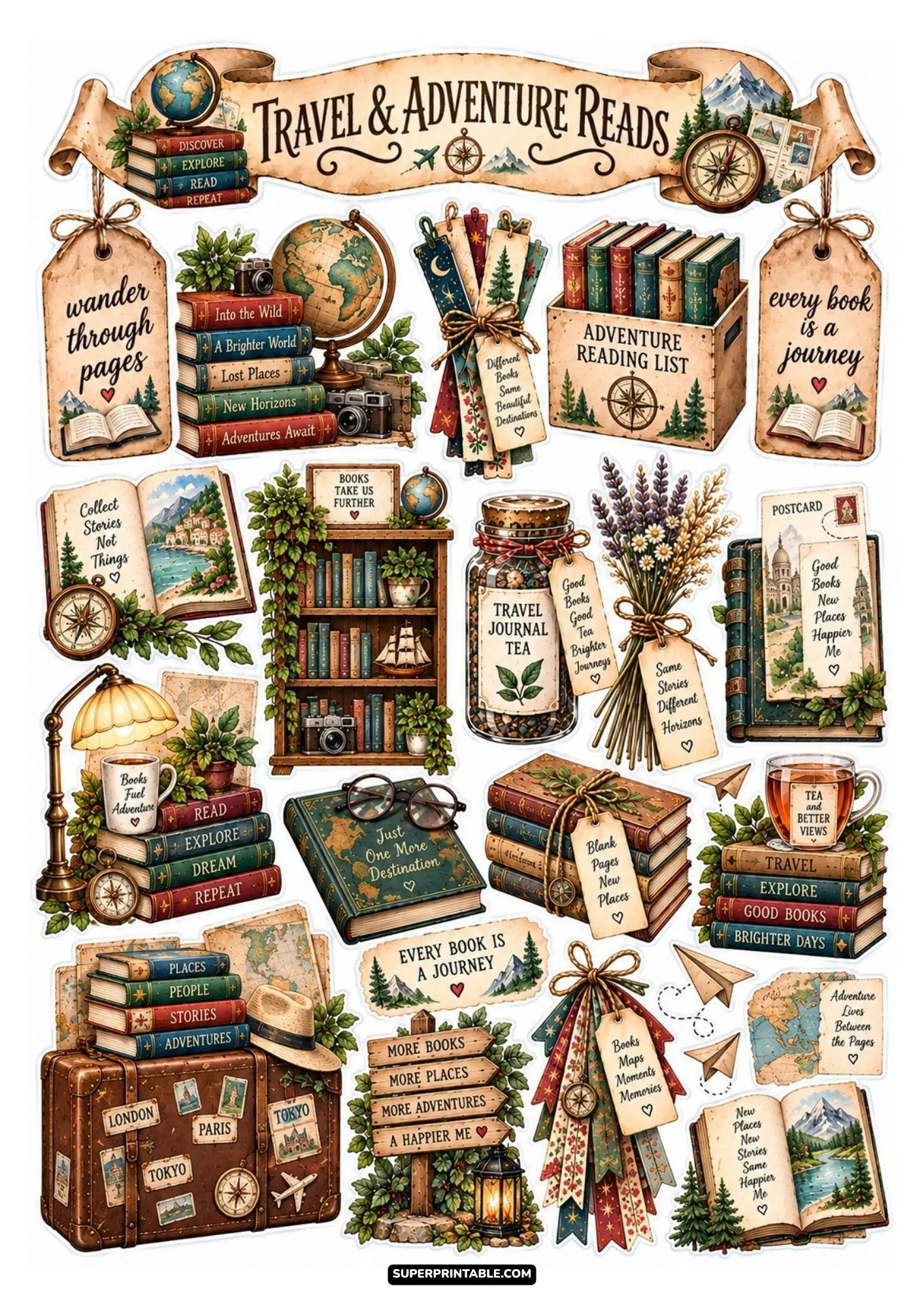 Travel and adventure reads sticker sheet featuring vintage suitcases, globes, and map travel journals.