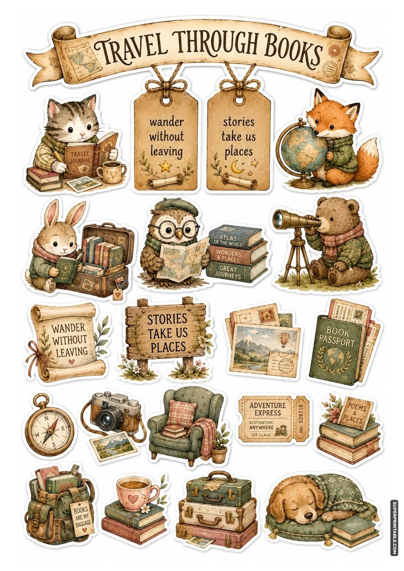 Bookish travel stickers showing an owl reading a map, vintage suitcases, passport, and compass for reader planners.