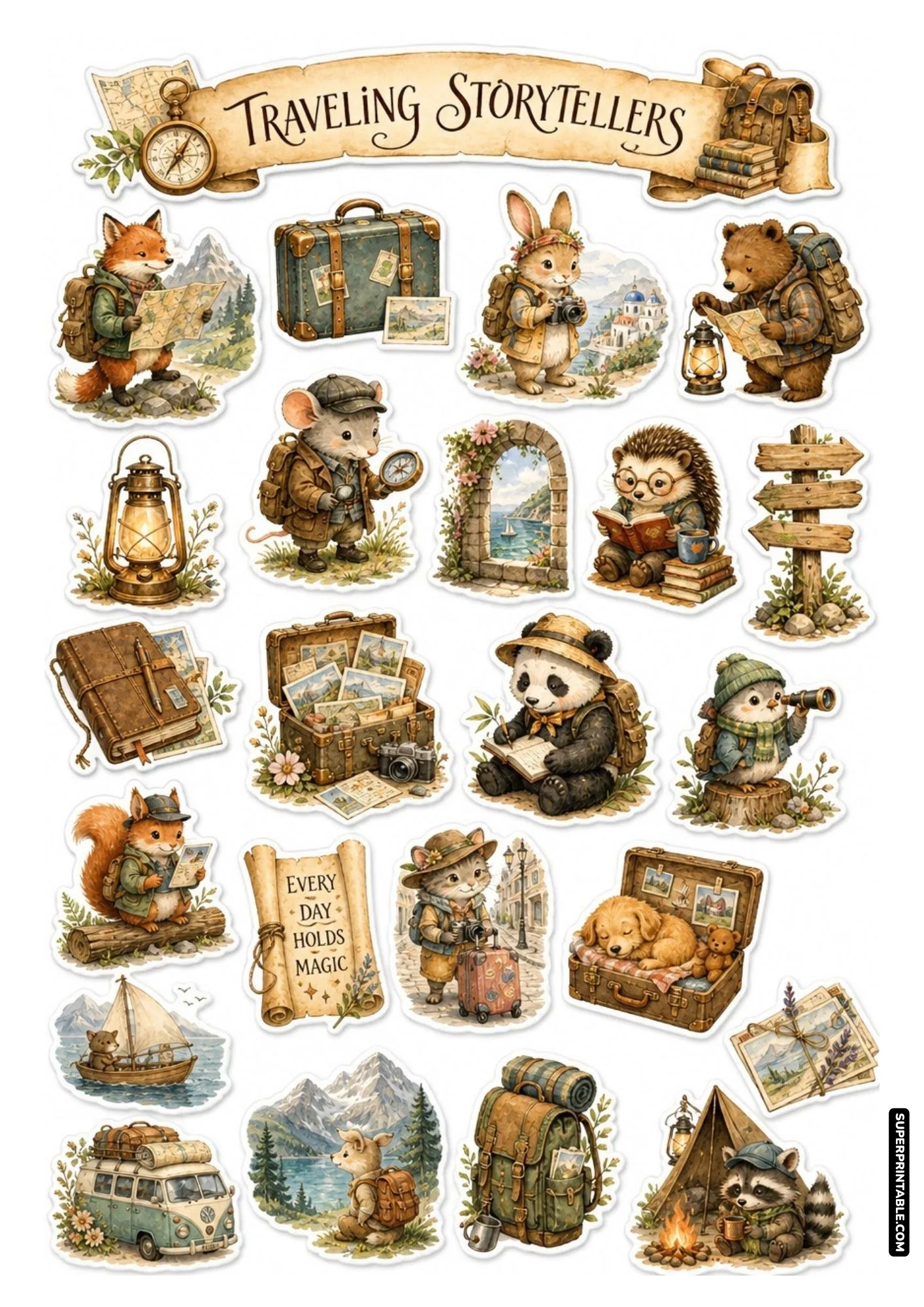 traveling adventure sticker sheets with storybook animals, vintage van, and travel trunks
