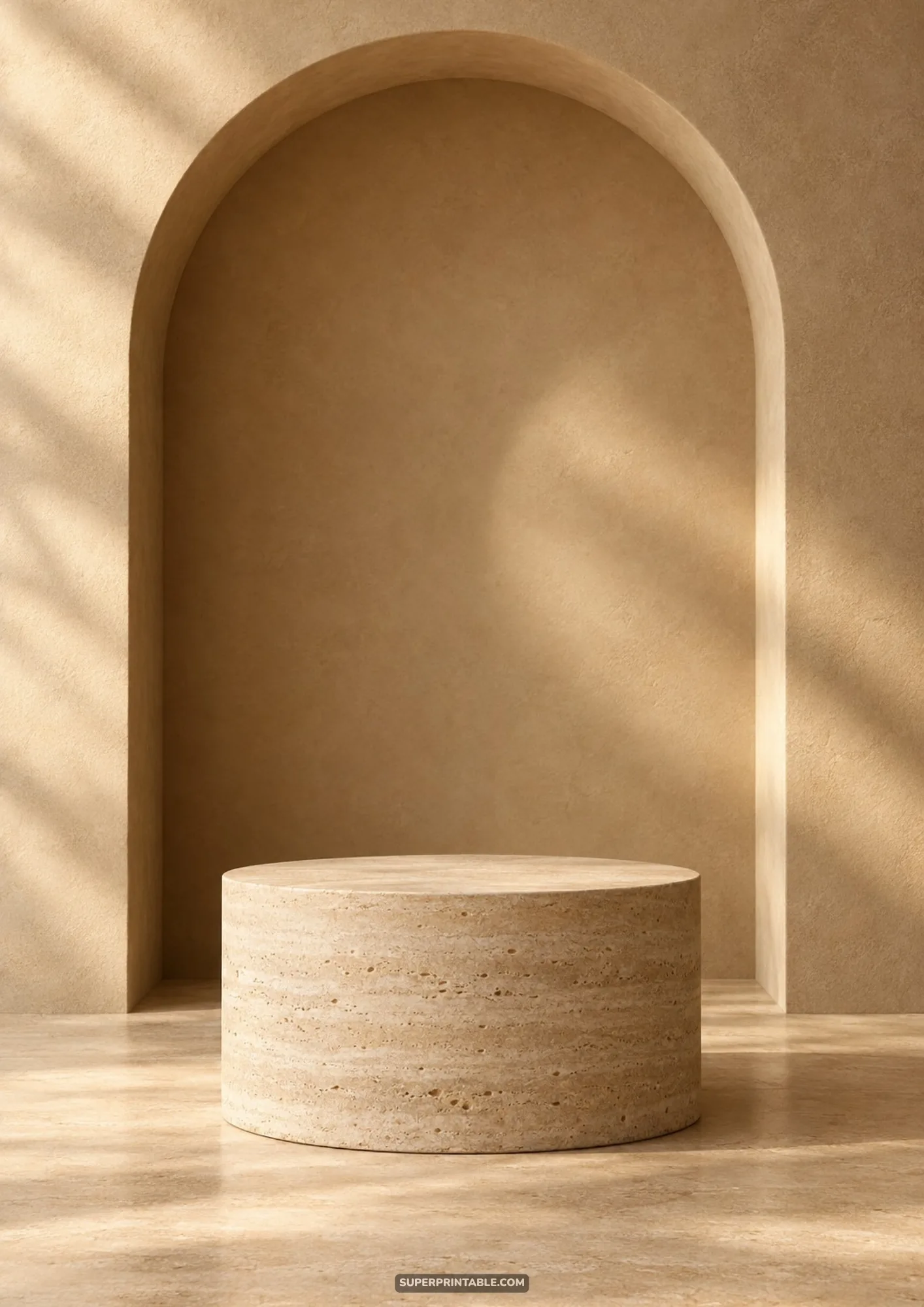 Modern architectural and geometric backgrounds with travertine stone cylinder podium framed by an alcove arch