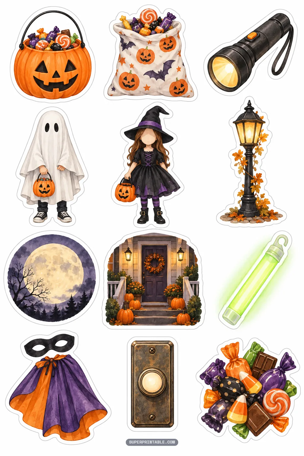 Collection of halloween spooky magic stickers showing trick-or-treat kids, porch decor, and glowing streetlamps