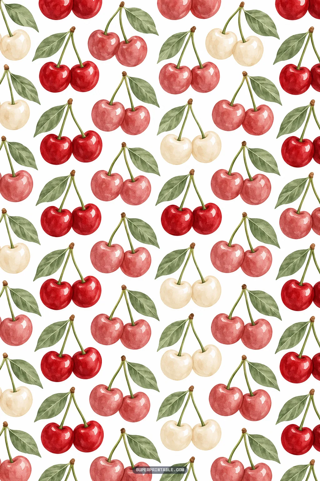 Rows of paired cherries in vibrant red, muted rose, and creamy white tones