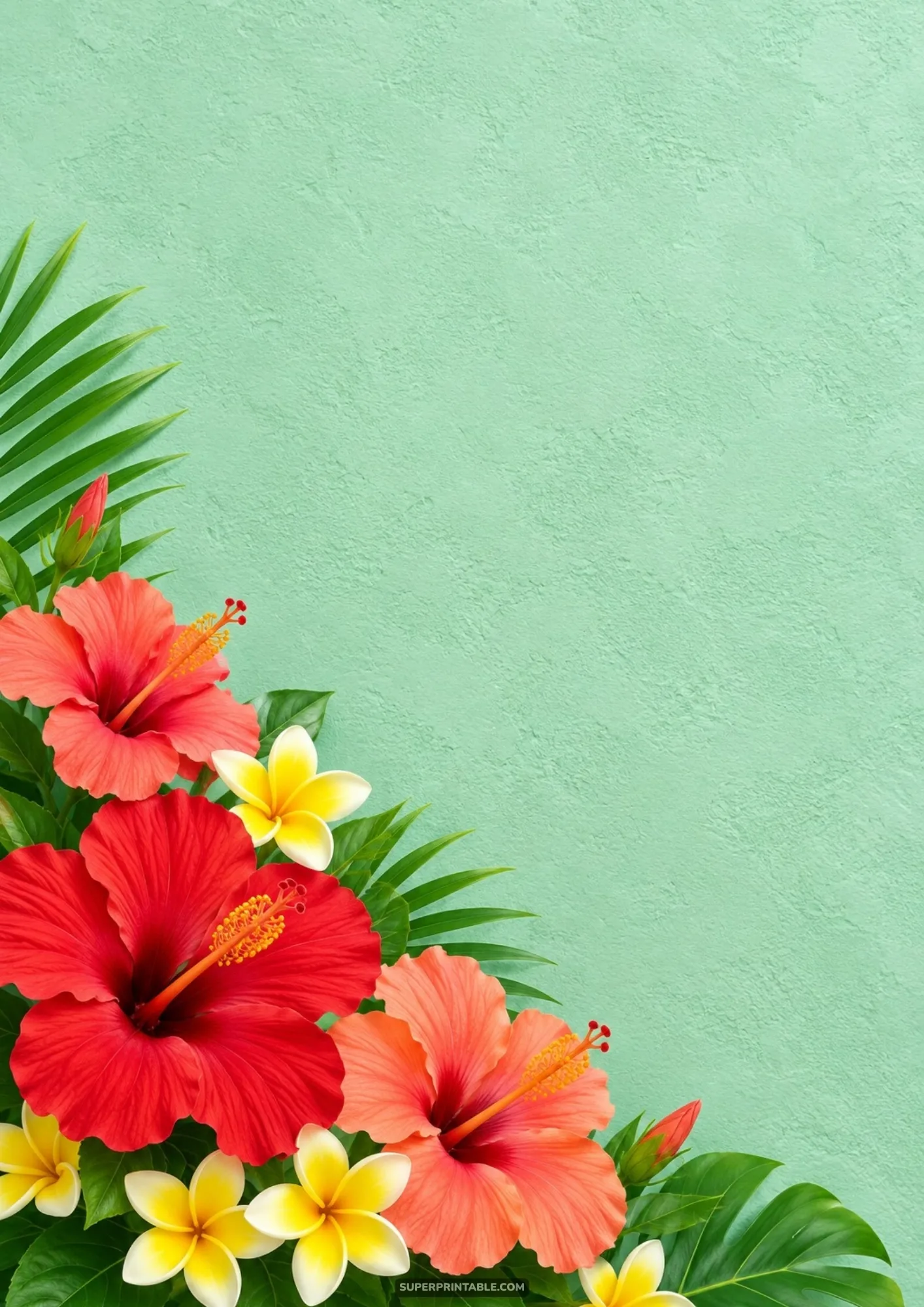 Red and coral hibiscus flowers with yellow plumeria and palm leaves