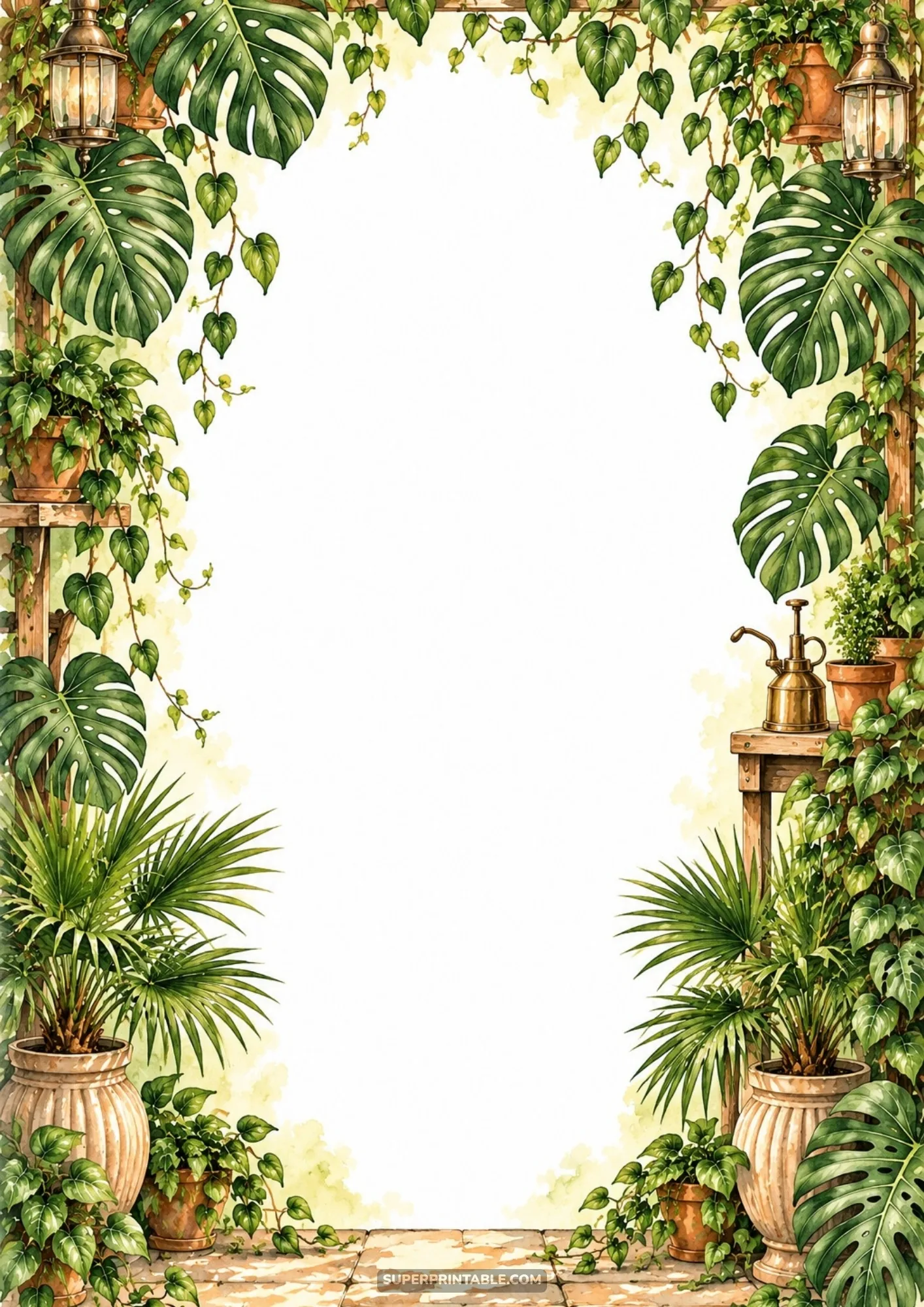 Tropical monstera foliage and fan palms framing a warm wooden pergola garden border