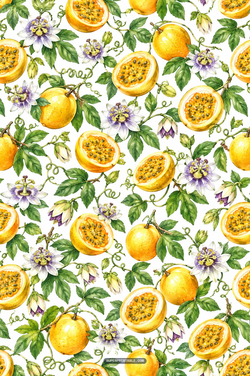 Lush tropical vine repeat pattern showcasing whole yellow passionfruits, halved fruit with seeds, and purple flowers.