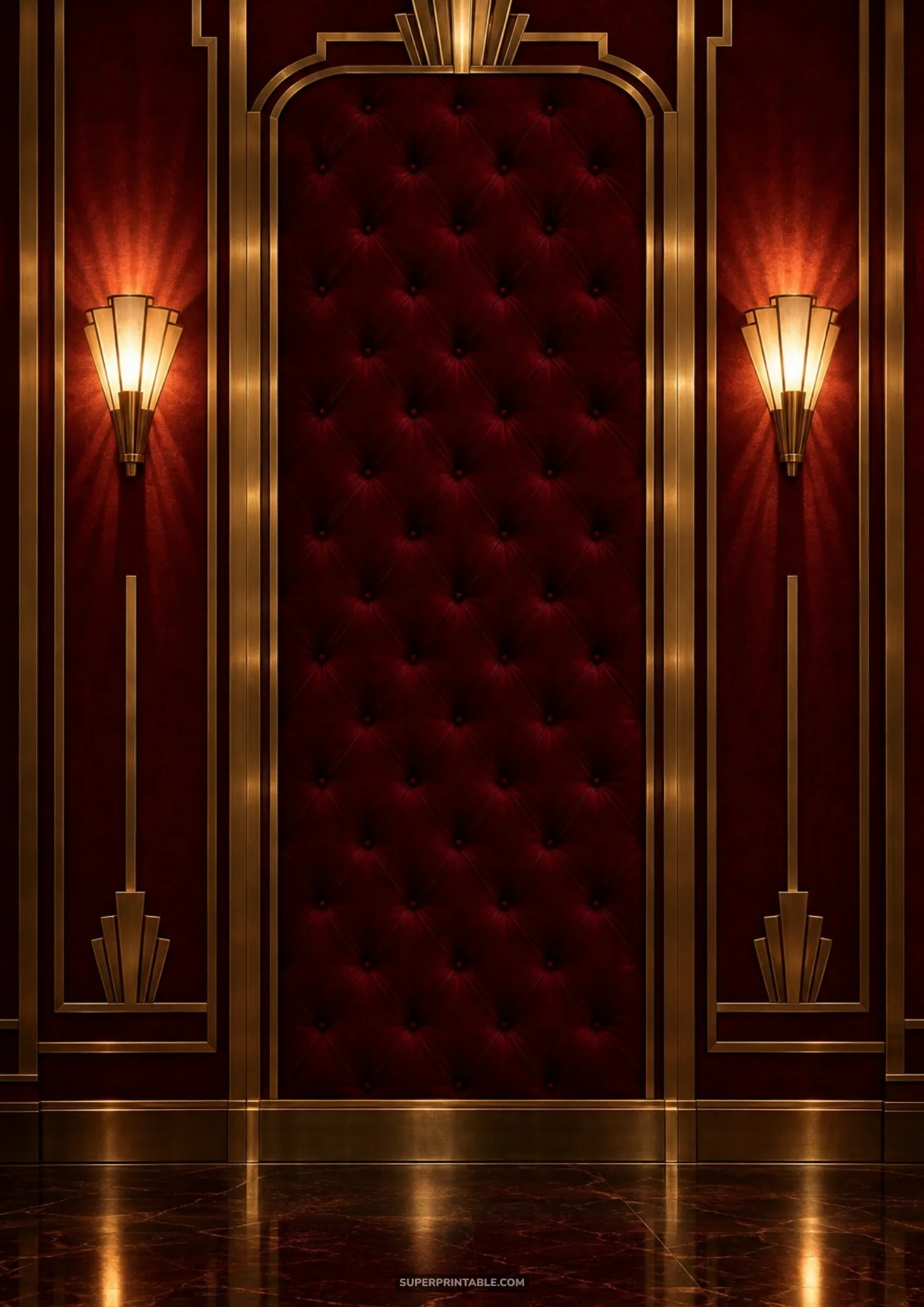 Deep red tufted velvet wall niche framed in brass moulding with glowing art deco sconces