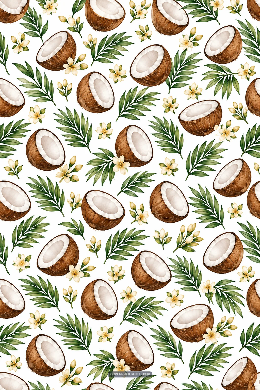 Scattered watercolor coconut halves, pointed palm fronds, and white blossom clusters.