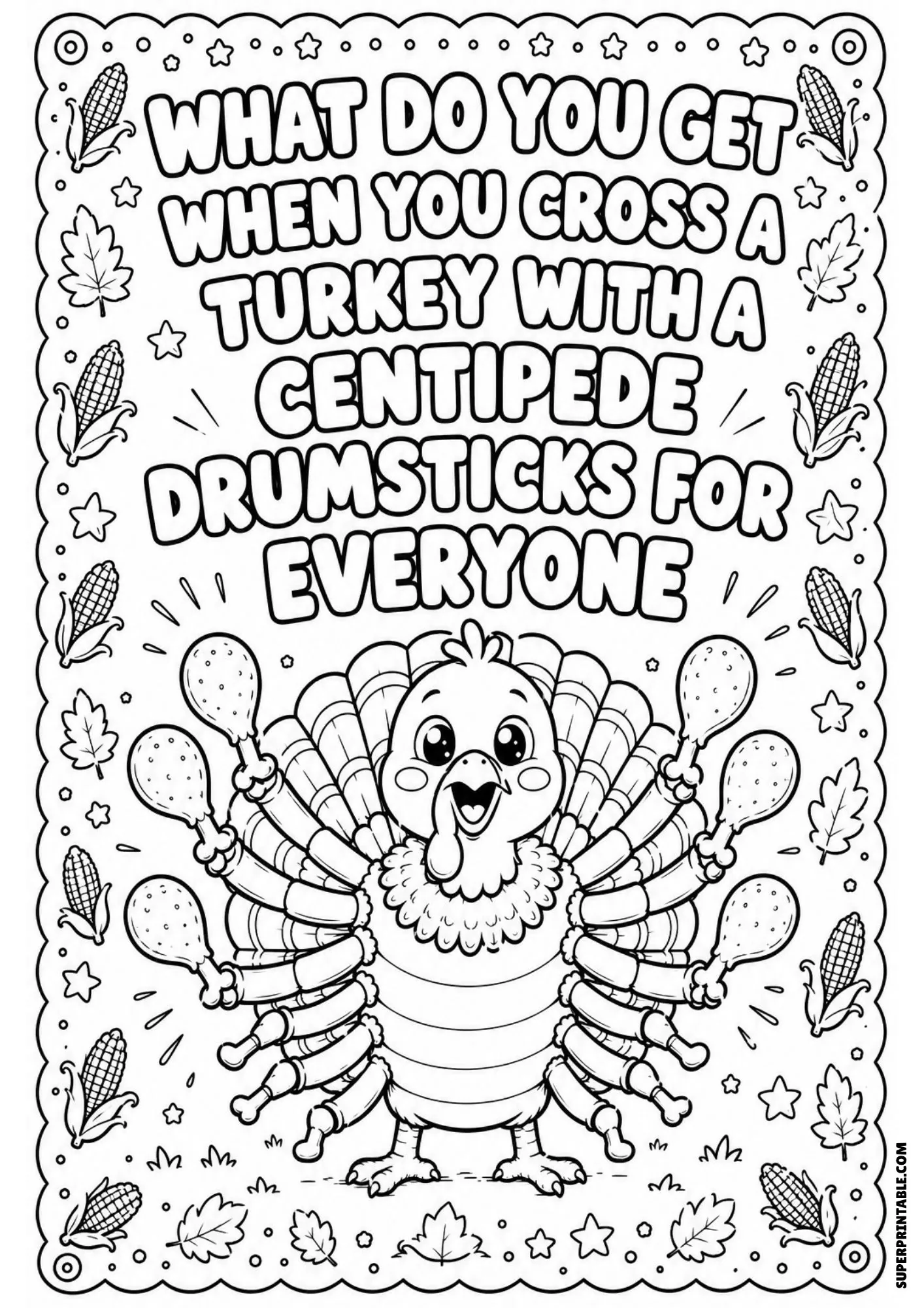 Turkey centipede riddle coloring page featuring a multi-legged turkey holding many drumsticks.