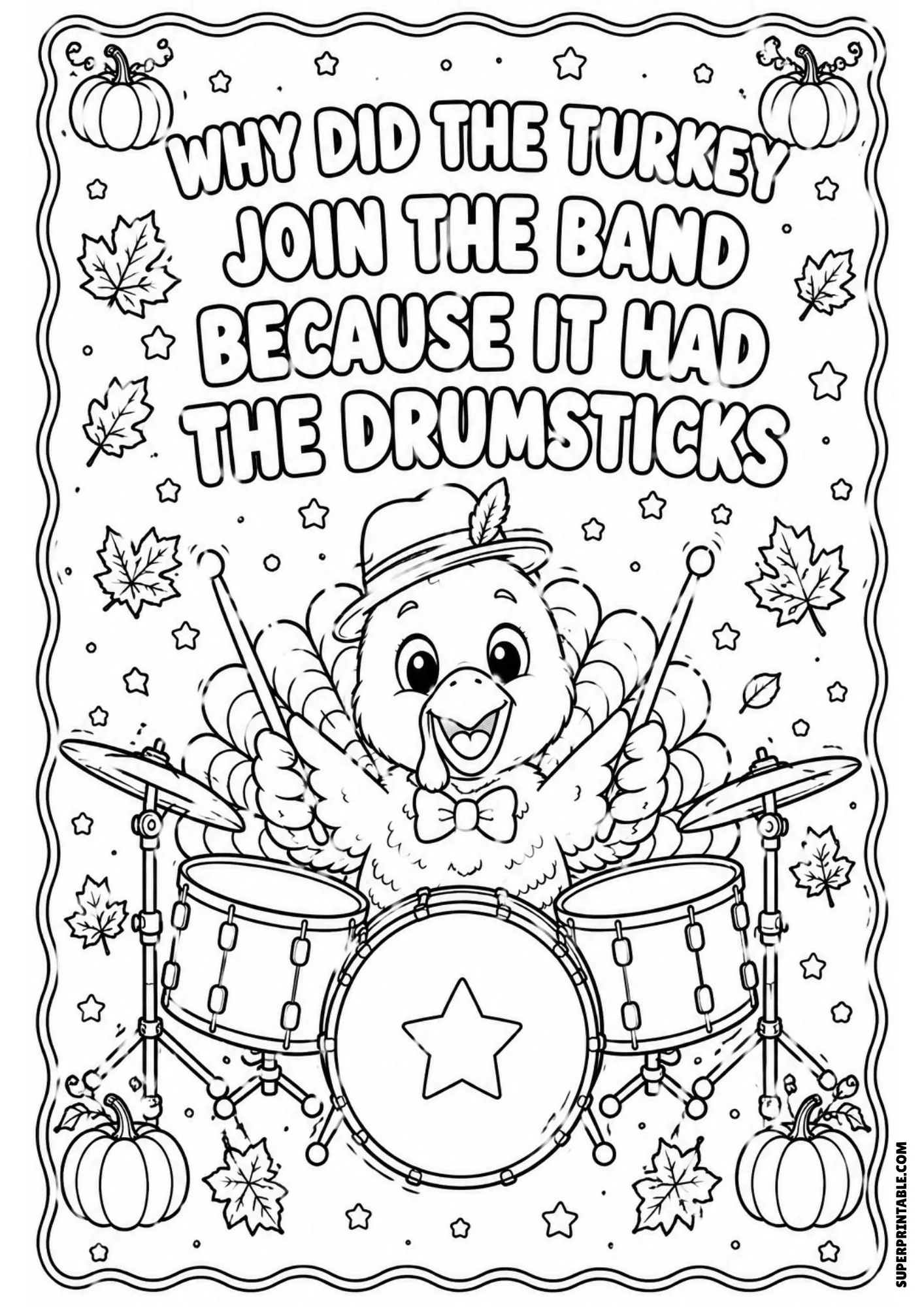 Turkey drummer joke coloring page showing a friendly cartoon turkey playing a full drum set.
