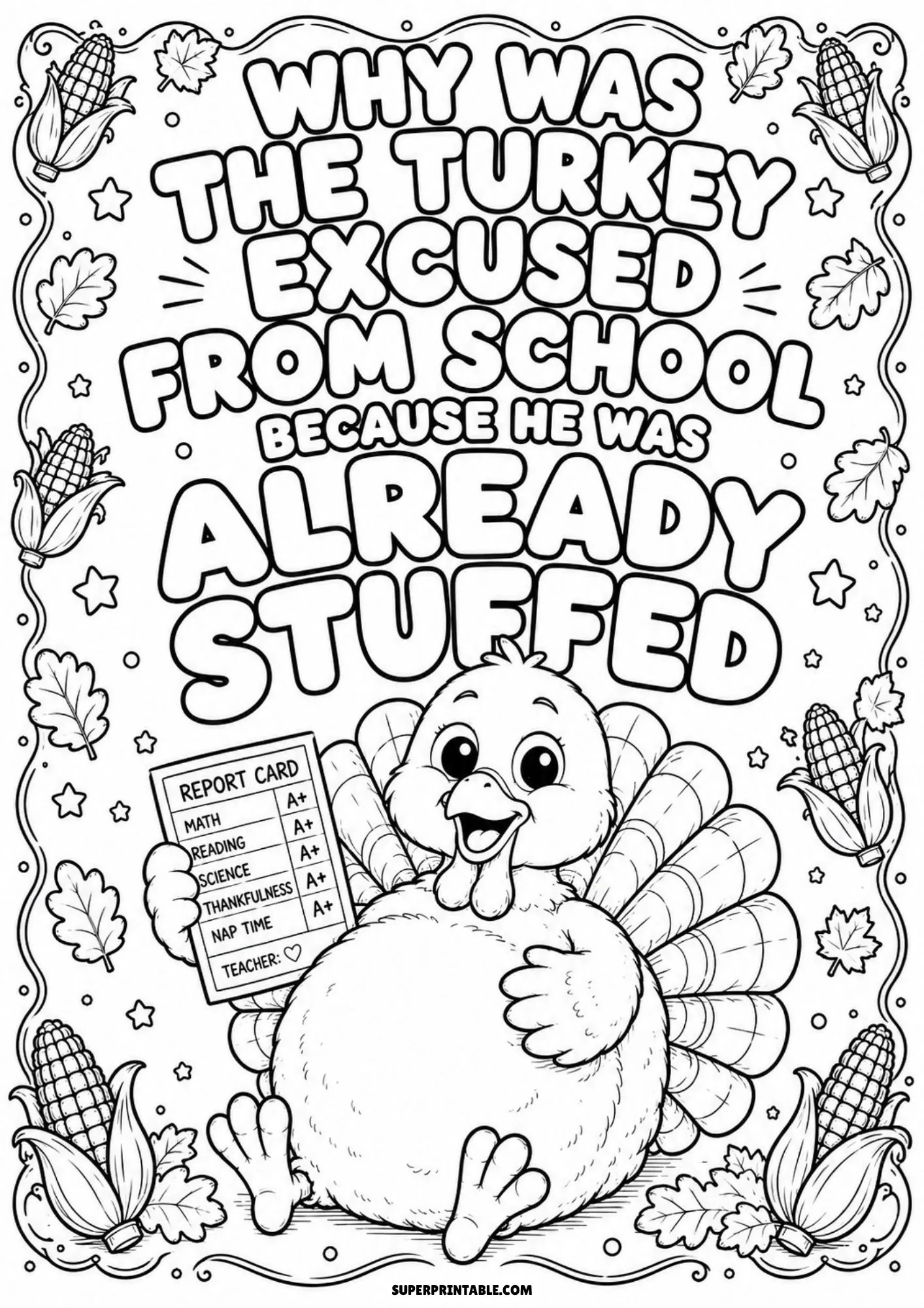Cute stuffed turkey holding an straight-A report card surrounded by autumn corn.