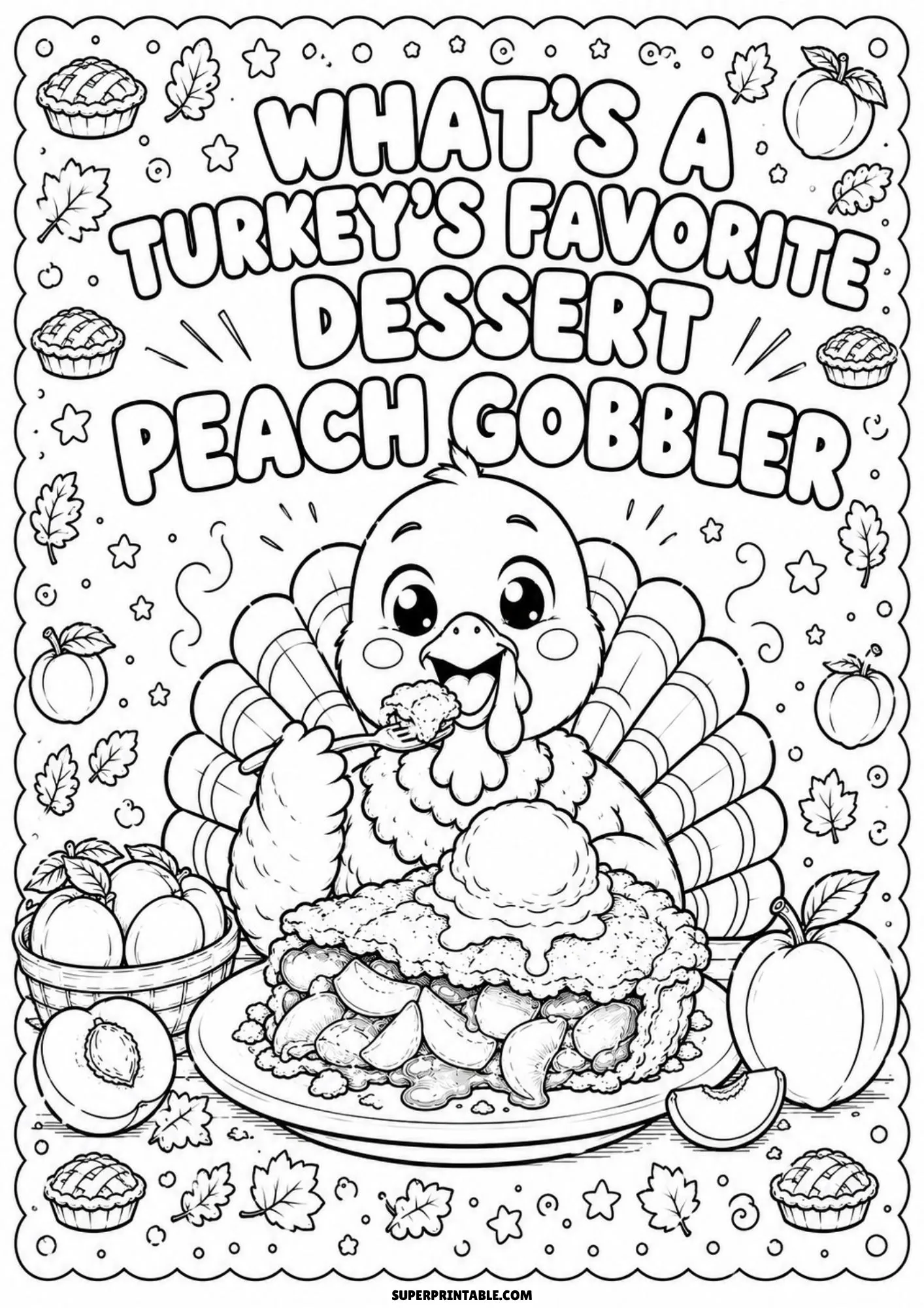 Free seasonal coloring pages of a cute turkey enjoying a slice of peach pie.