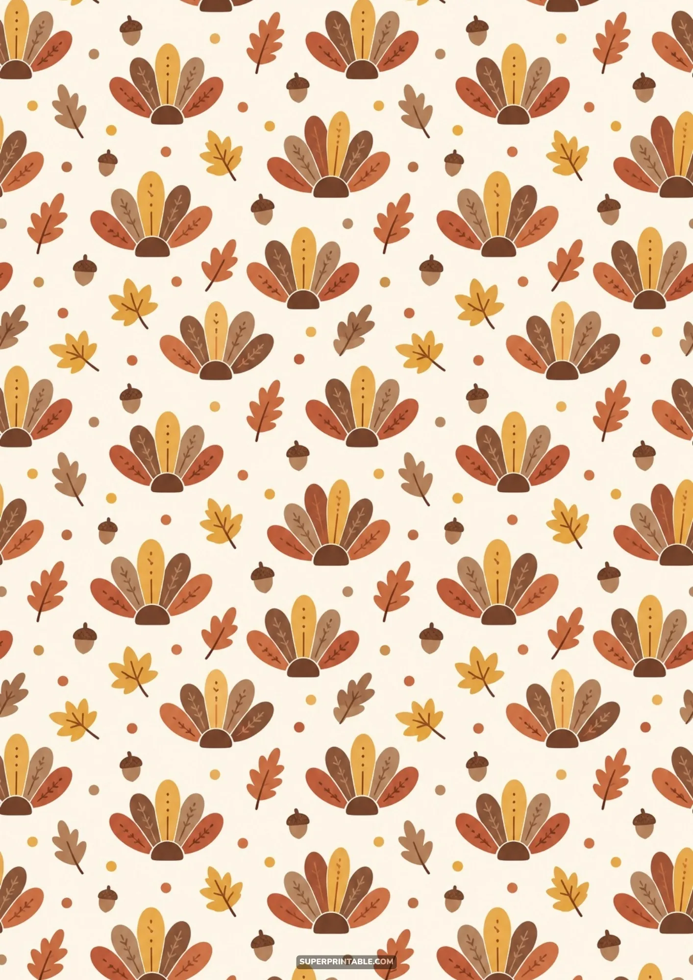 Stylized turkey tail feathers in muted autumn tones with acorns and oak leaves on cream background.