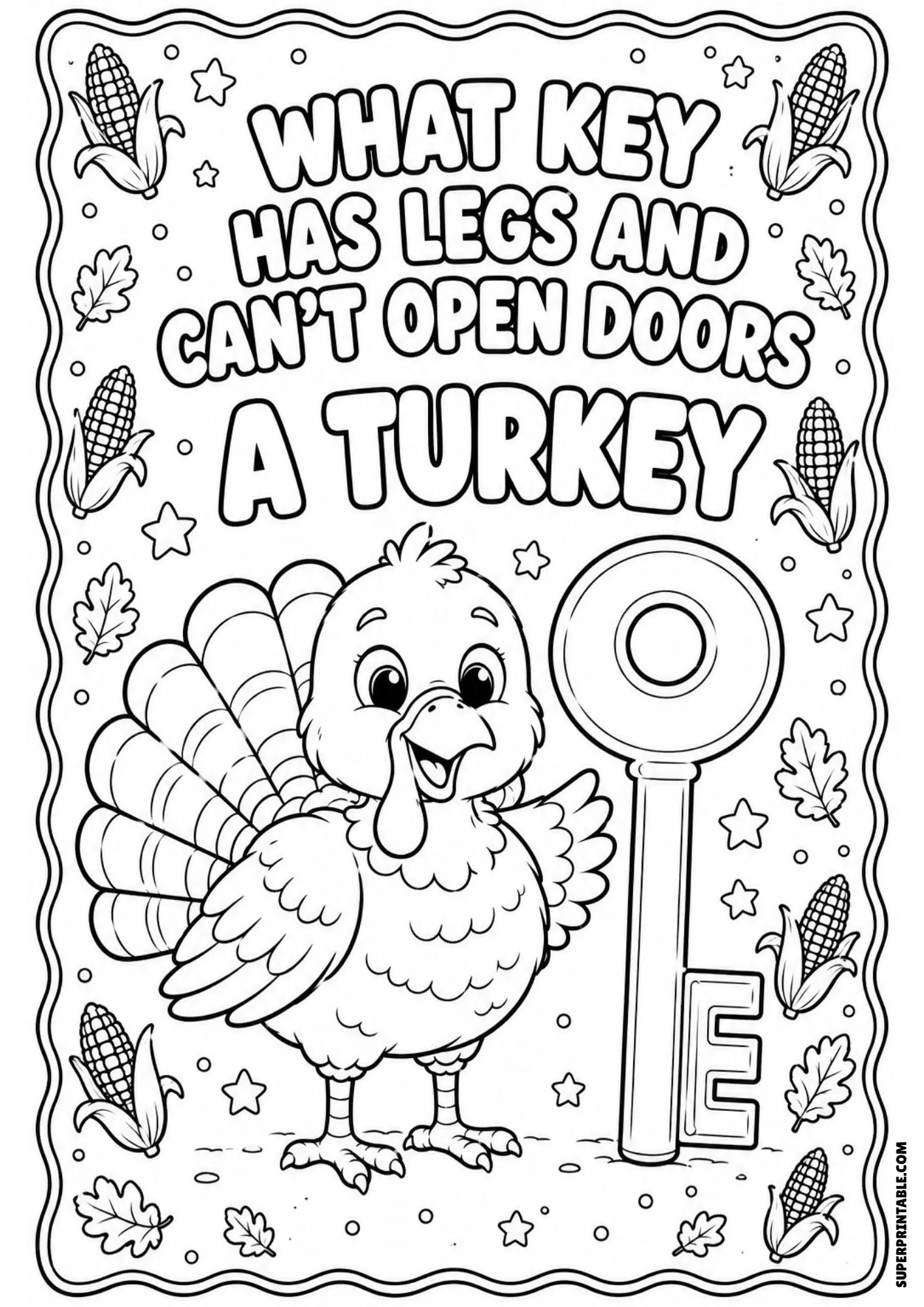 Turkey key riddle coloring sheet with a cute bird standing beside a giant door key.