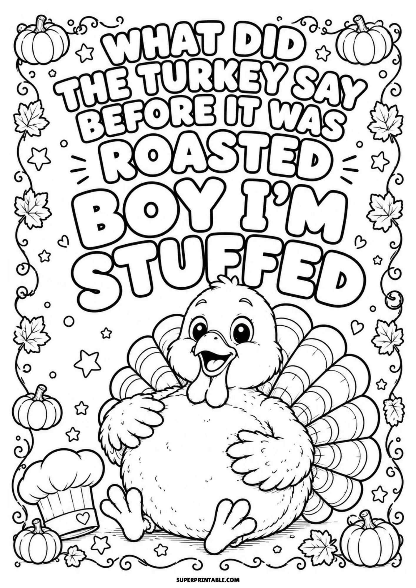 Cartoon turkey holding its full belly after eating next to a chef hat and pumpkins.