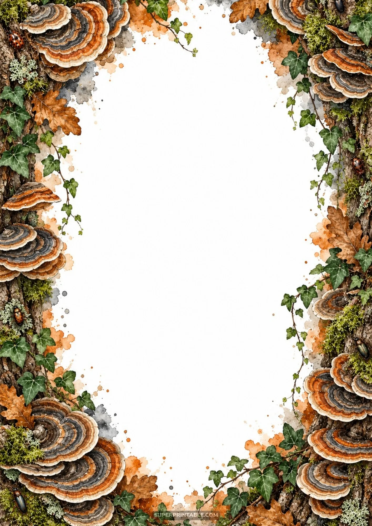 Concentric banded turkey tail bracket fungi growing on textured tree bark with climbing ivy vines.