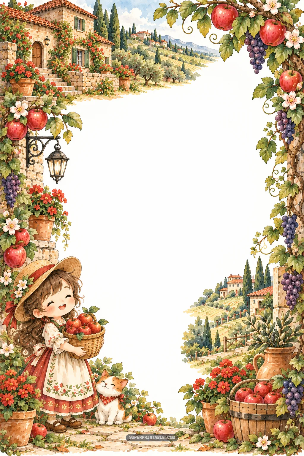 Country girl carrying an apple basket across a sunny Italian stone terrace
