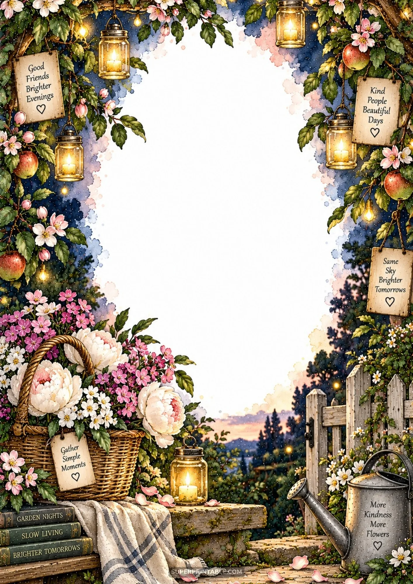 Glowing candle jar lanterns hung among apple branches and lush peony basket along a wooden garden gate at dusk