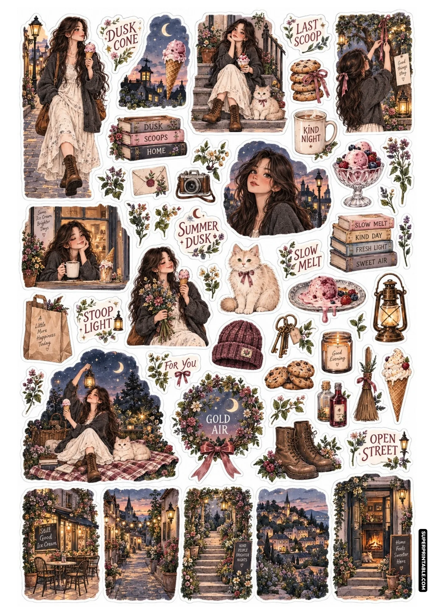 Dreamy ice cream summer sticker sheets featuring twilight dusk strolls, glowing lanterns, and starry skies.