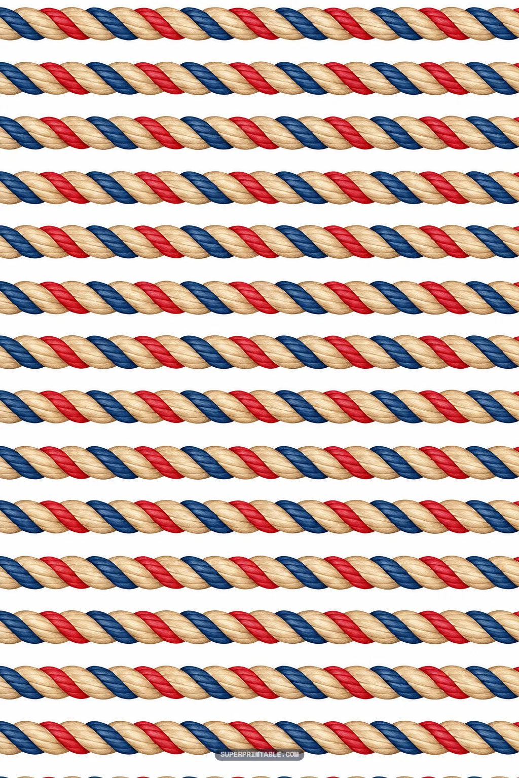 Parallel rows of three strand braided marine rope in natural tan navy blue and bright red colors