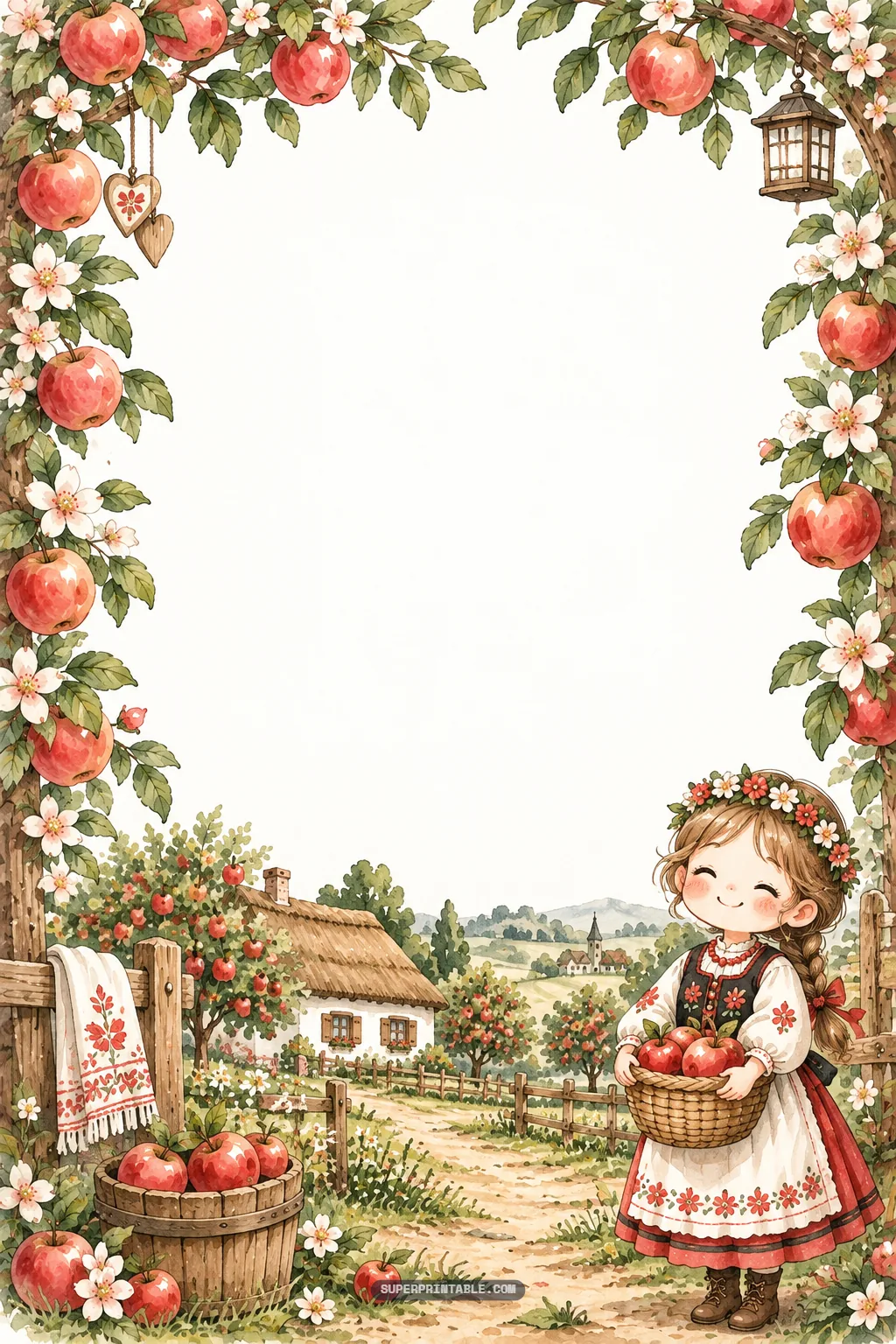 Folk girl in floral wreath carrying apples beside a thatched countryside home