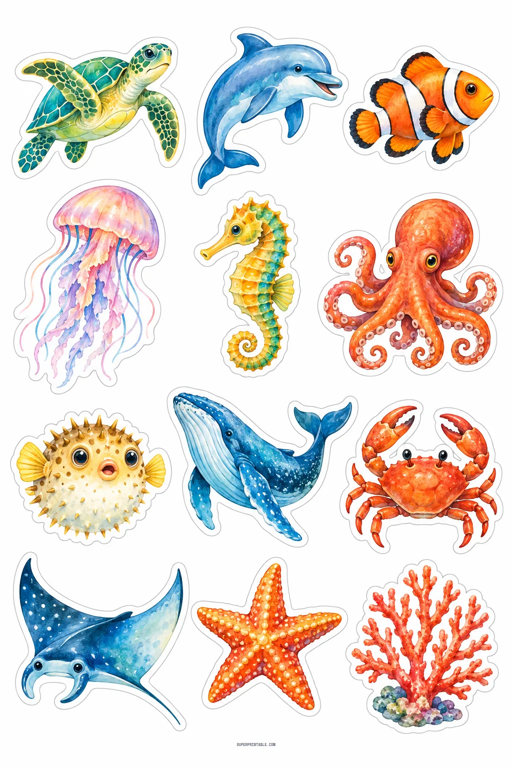 Watercolor sea creatures stickers showing sea turtle, blue dolphin, clownfish, jellyfish, and humpback whale