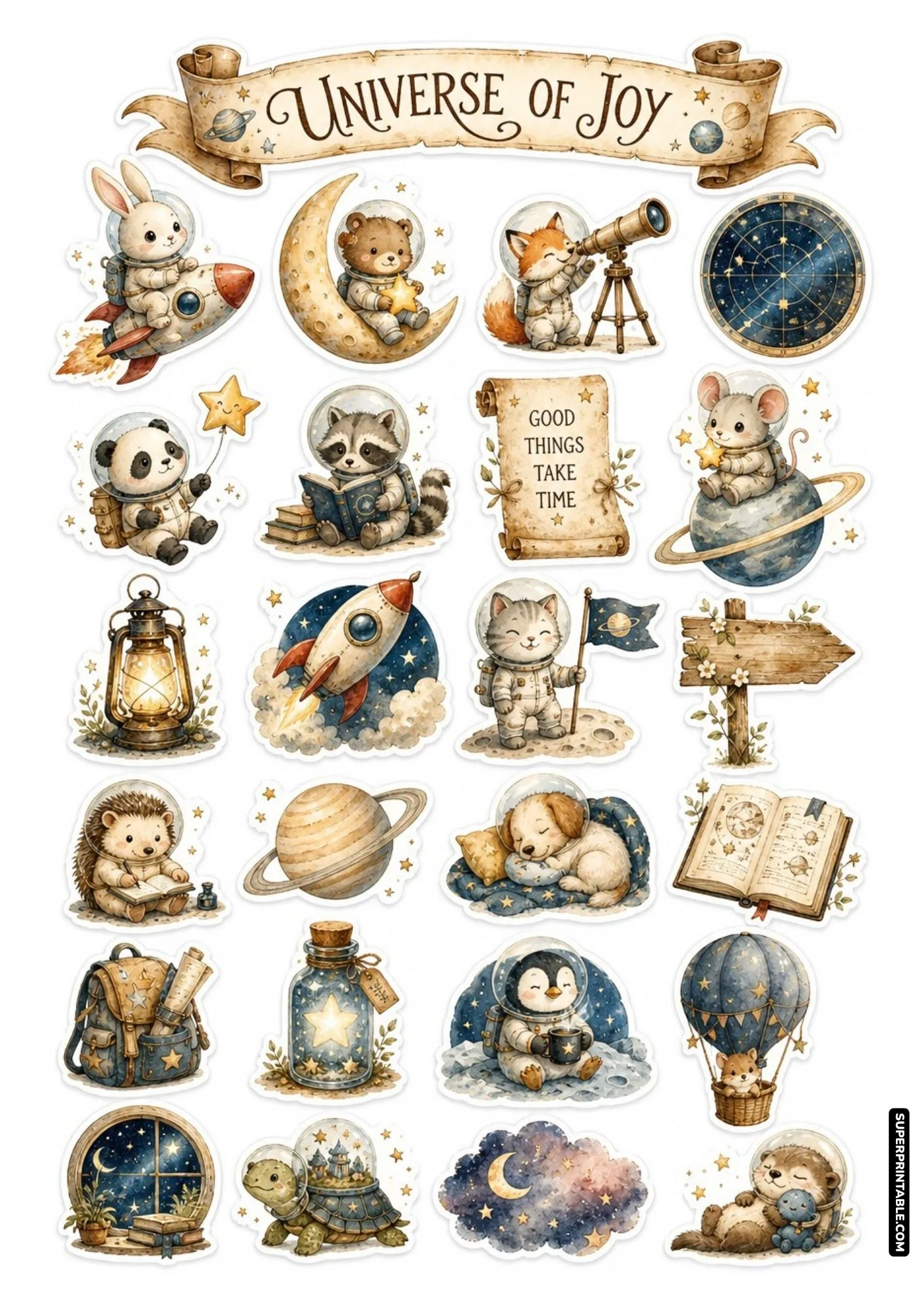 Charming collection of space stickers with pandas floating on star balloons and penguins drinking coffee.
