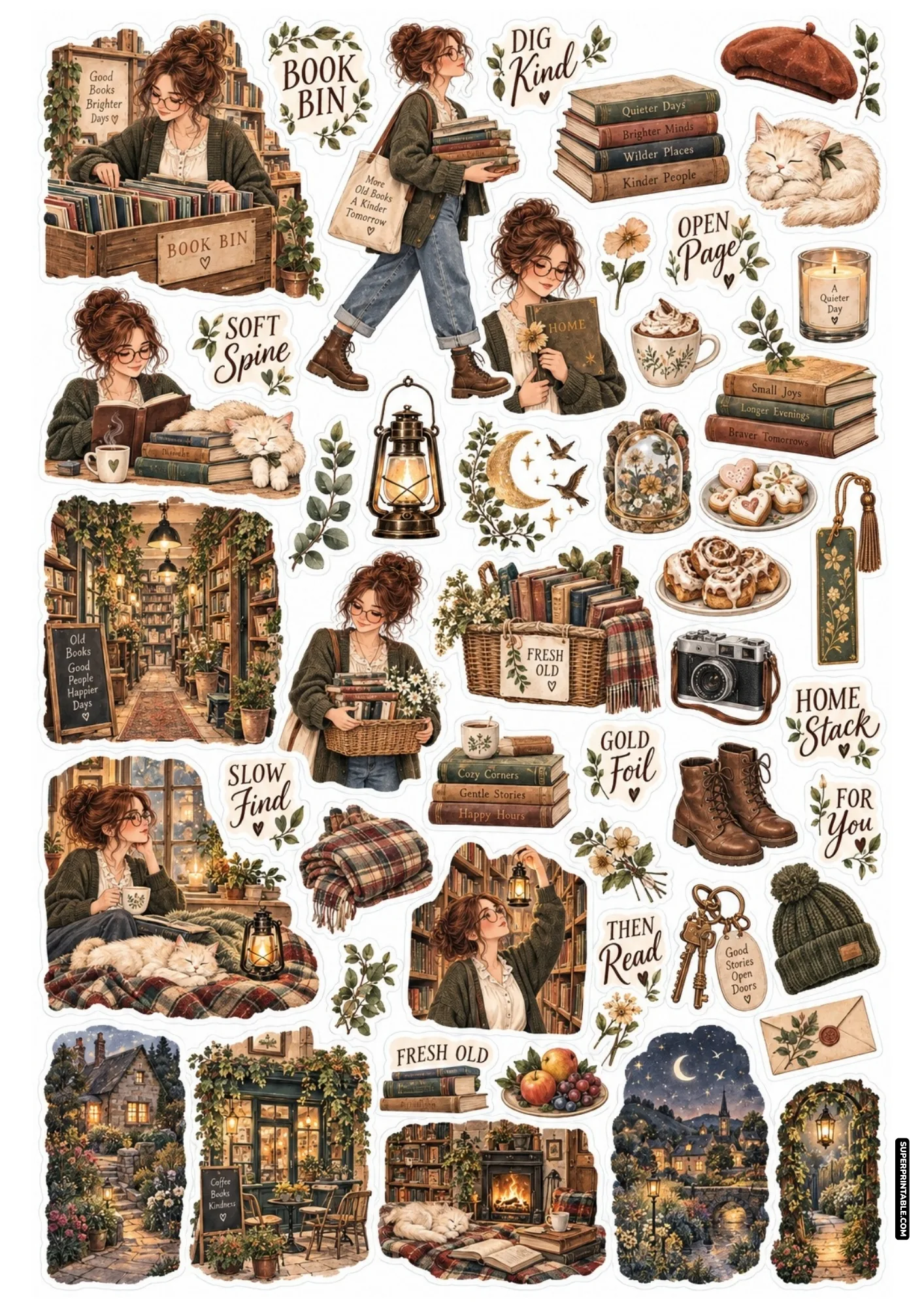 Printable stickers of a girl in glasses browsing antique books in a wooden crate at a cozy shop.