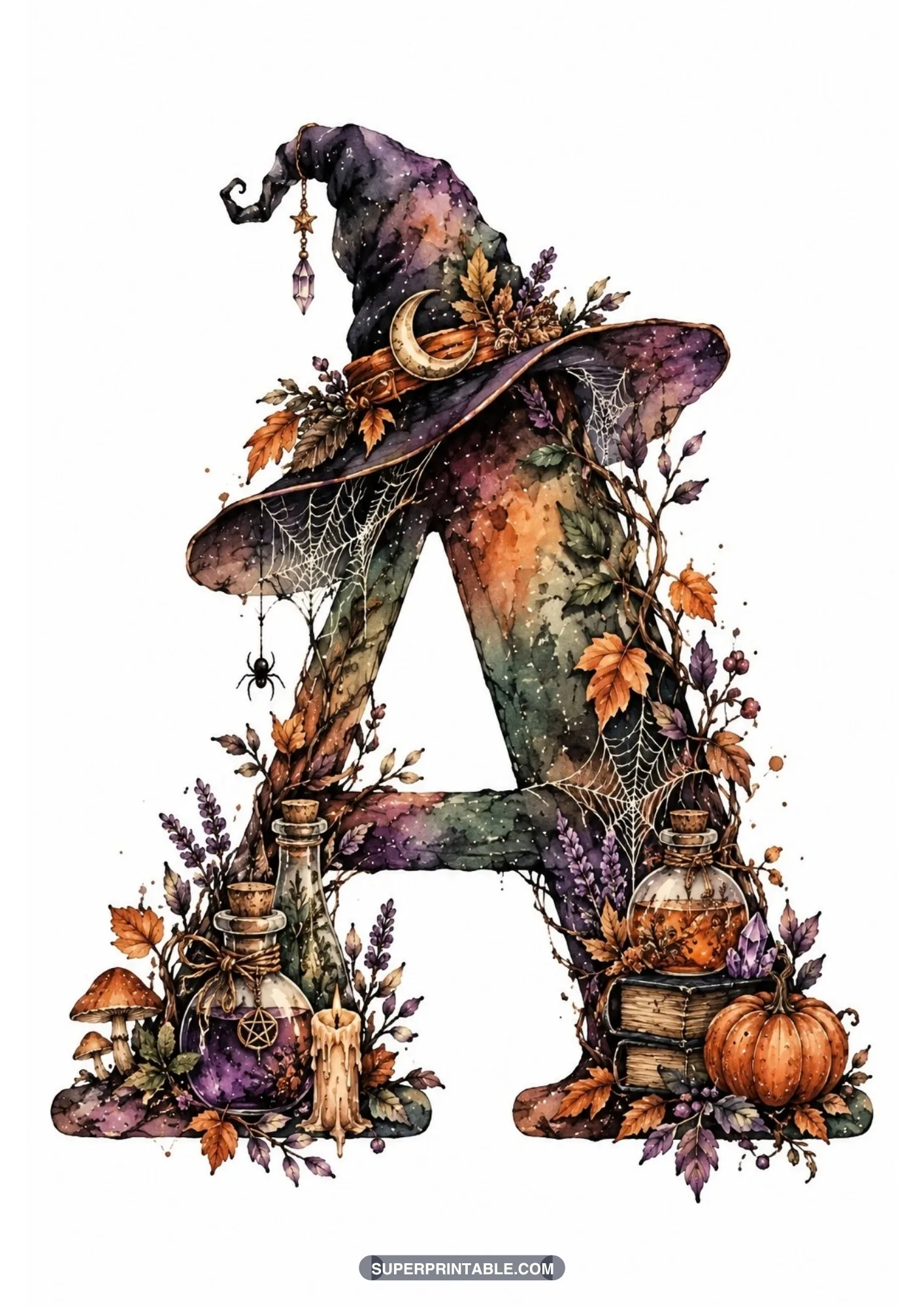 Vampire gothic alphabet clipart letter A with witch hat, potion bottles, and autumn leaves