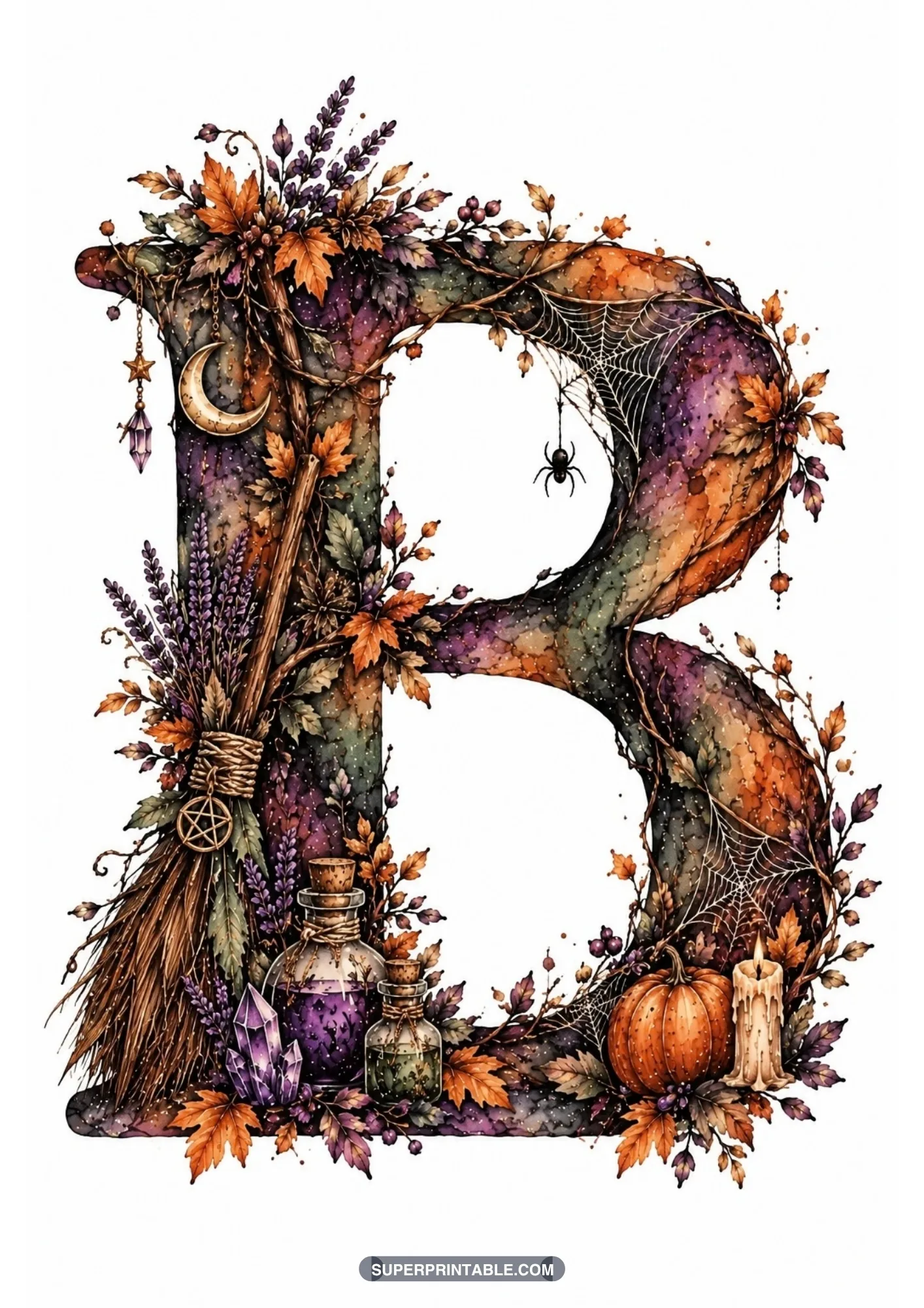 Vampire gothic alphabet clipart letter B with witch broom, potion bottles, and pumpkin