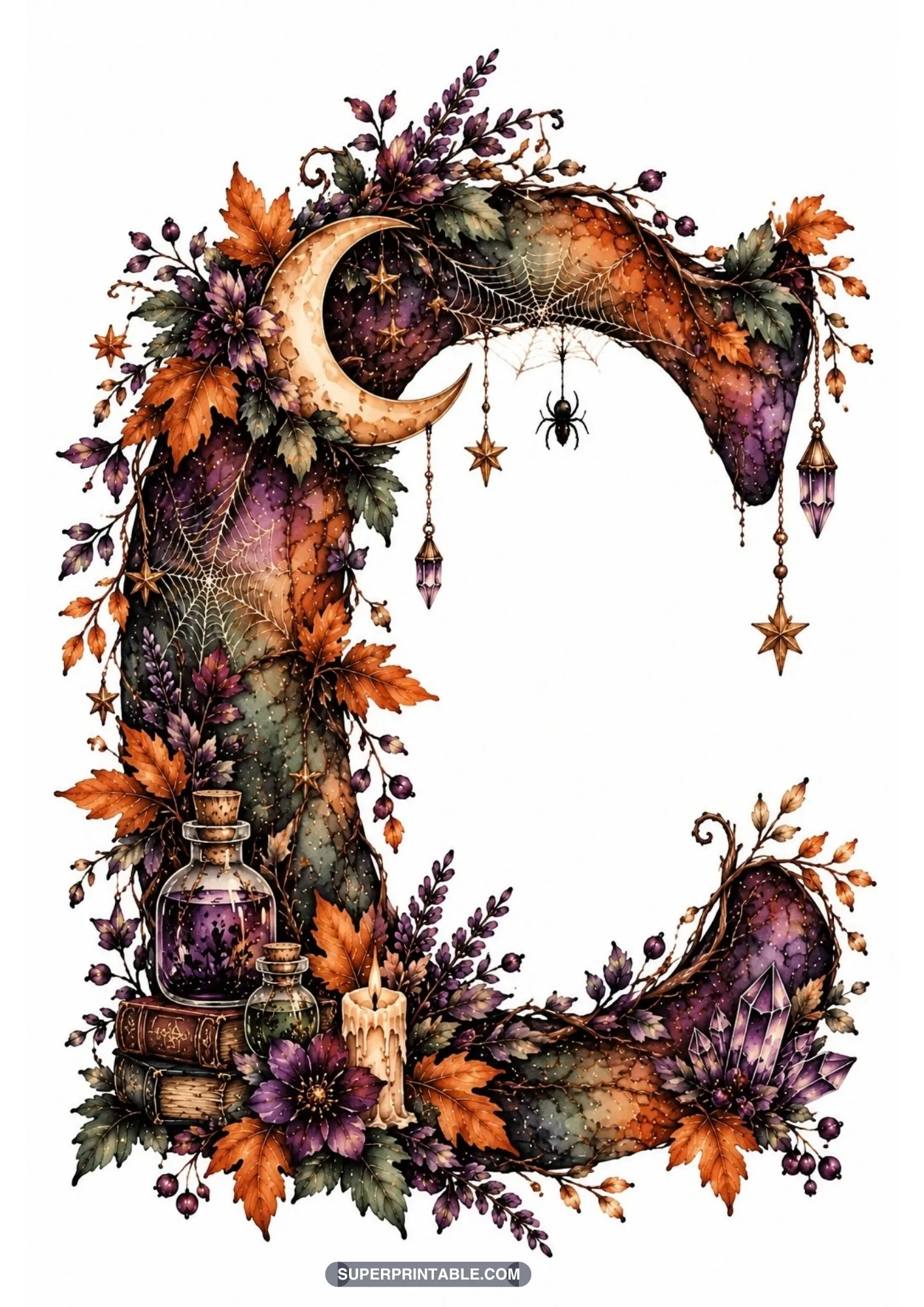 Gothic capital letter C adorned with golden crescent moon, crystal star charms, and candle