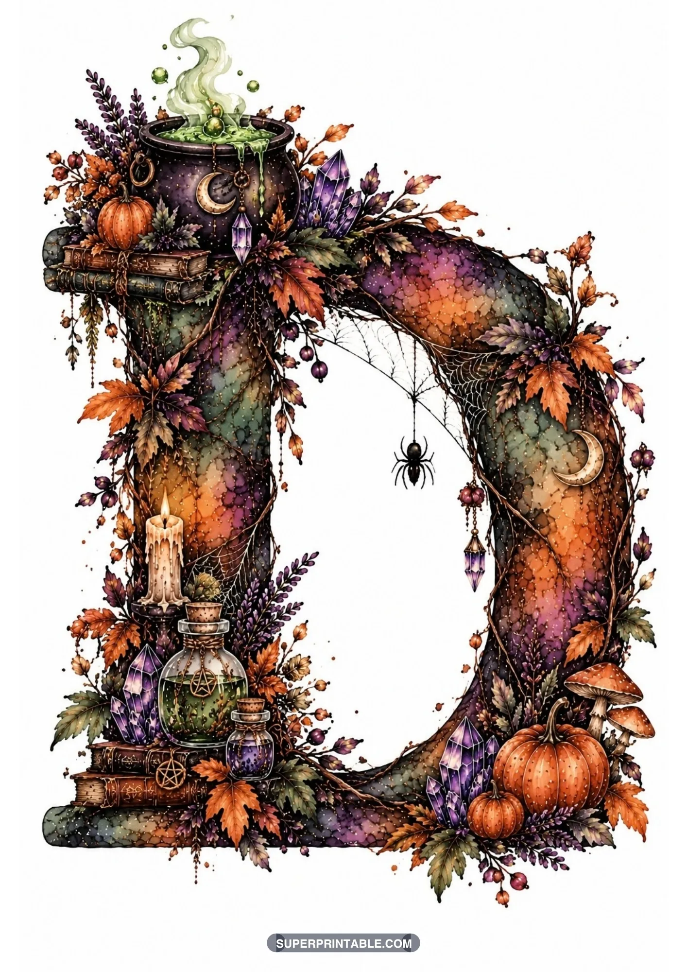 Gothic letter D featuring a bubbling cauldron with green brew, pumpkins, and spellbooks