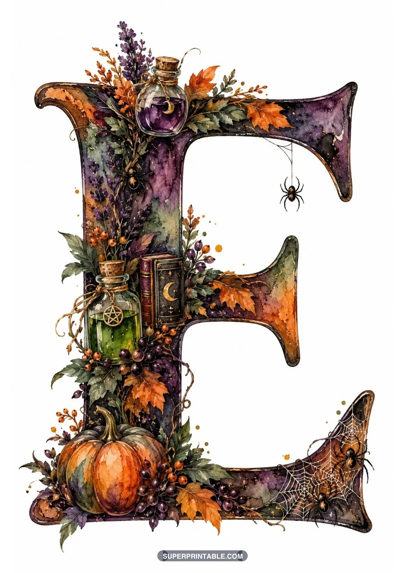 Gothic capital letter E with apothecary potion bottles, grimoire, pumpkin, and spiders