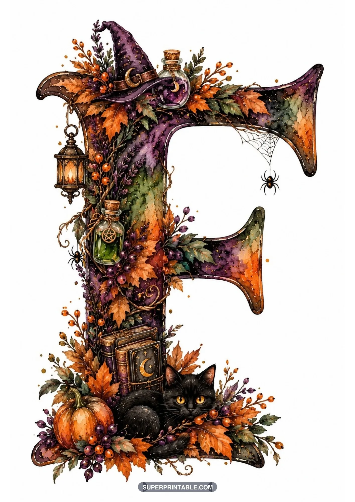 Gothic letter F with witch hat, glowing lantern, black cat, grimoire, and orange pumpkin