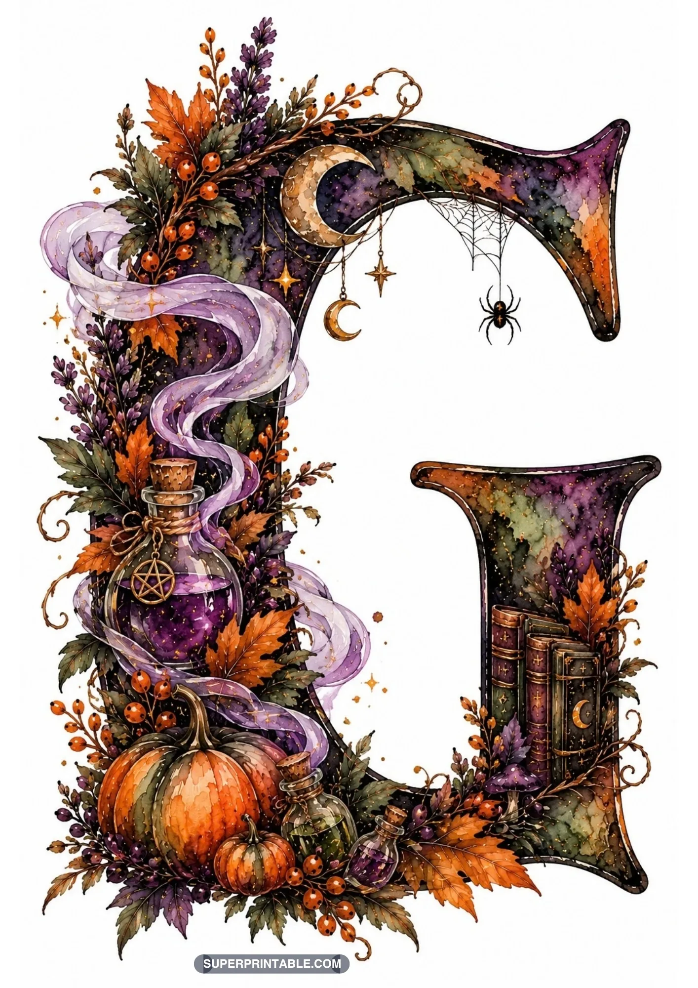 Gothic capital letter G with swirling magical vapor, potion flask, and orange pumpkins
