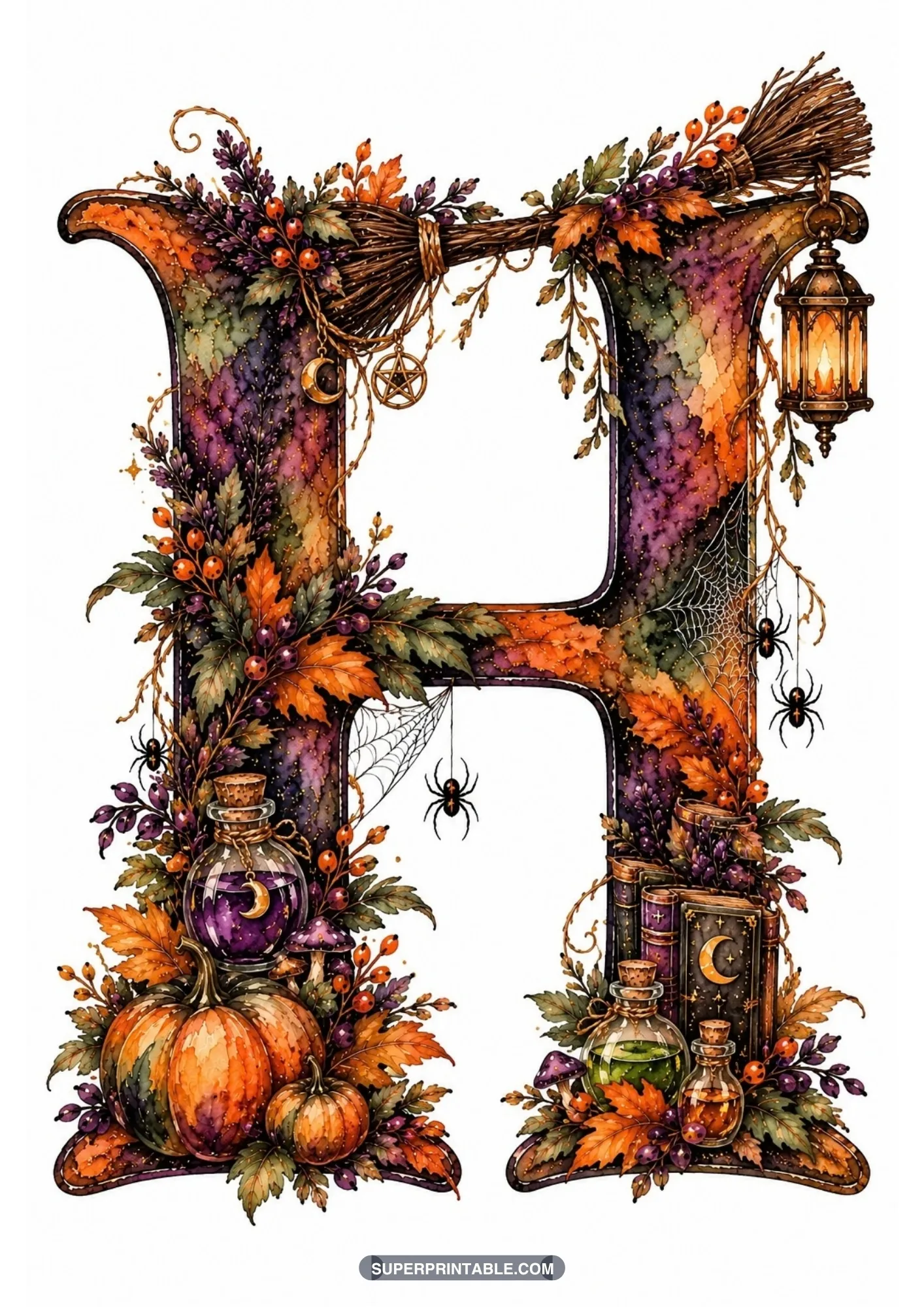 Gothic letter H with witch broomstick, hanging lantern, potion bottles, and pumpkins