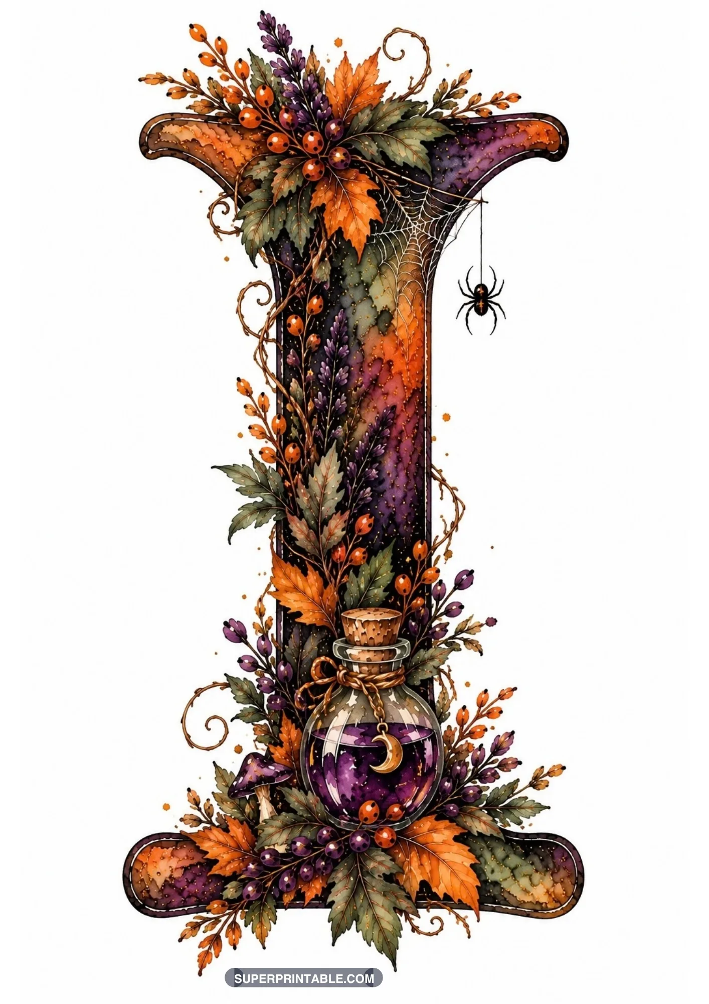 Slender gothic letter I featuring a round glass potion flask, spiderweb, and fall berries