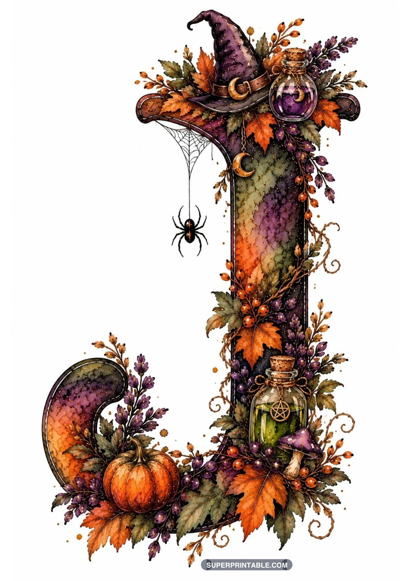 Gothic letter J decorated with a purple witch hat, hanging spider, potion bottles, and pumpkin
