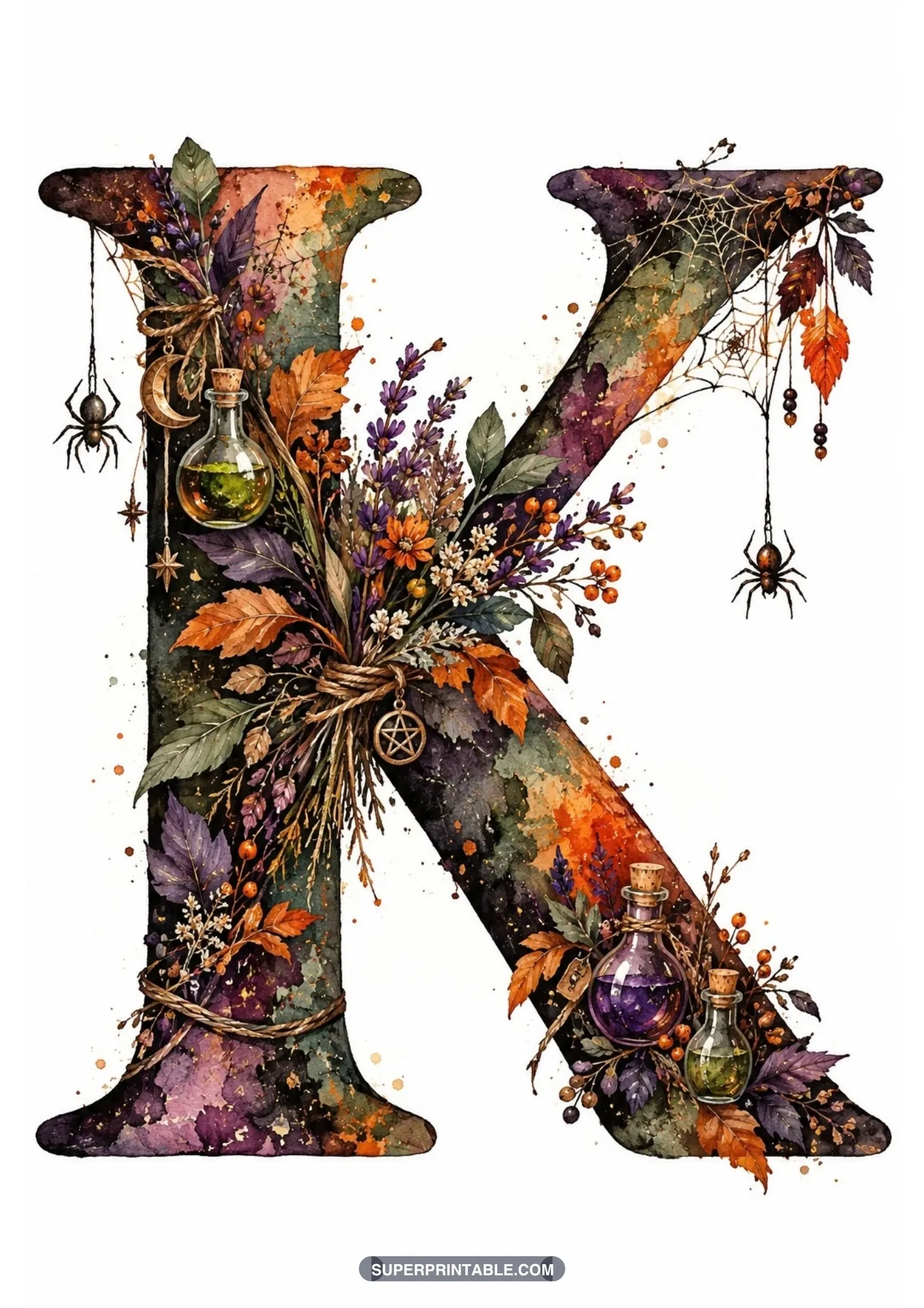 Gothic capital letter K adorned with cobwebs, suspended spiders, dried flora, and potion bottles