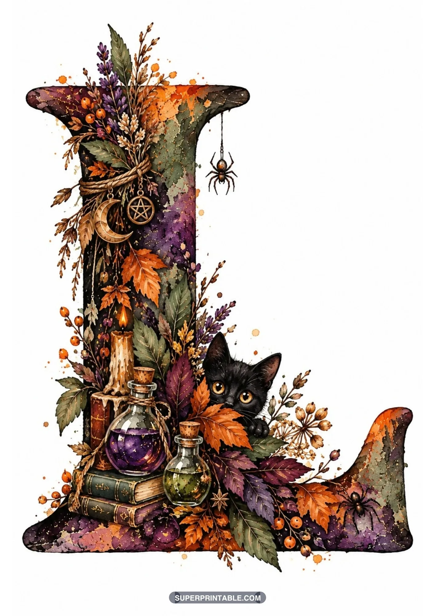 Gothic letter L with an adorable black cat, spellbooks, glowing candle, and glass potions