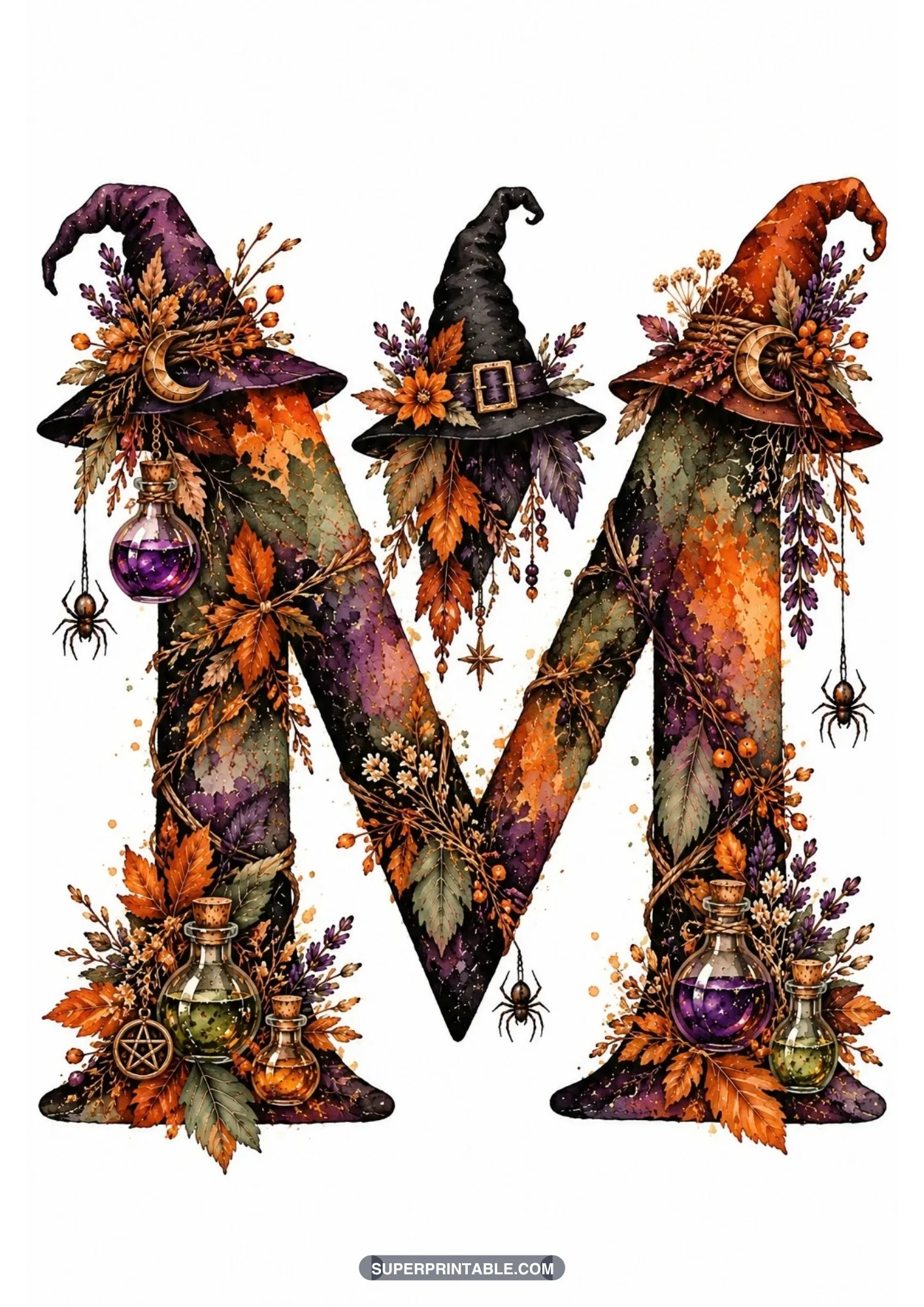 Gothic letter M adorned with three pointed witch hats, potion phials, and suspended spiders