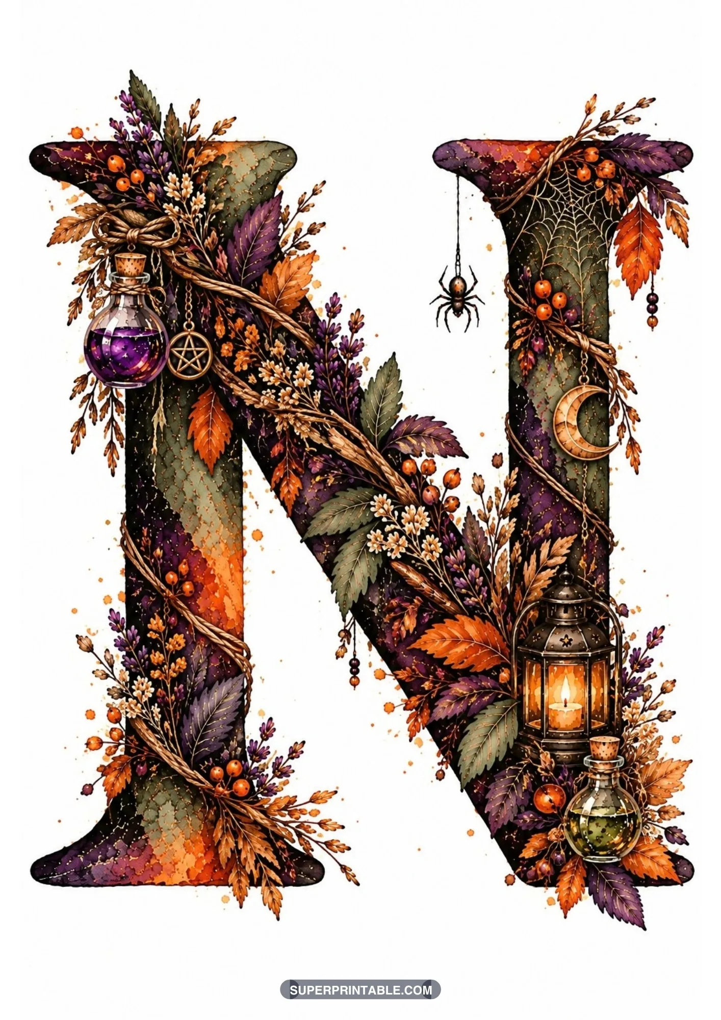Gothic capital letter N decorated with a glowing lantern, potion bottles, and hanging spider